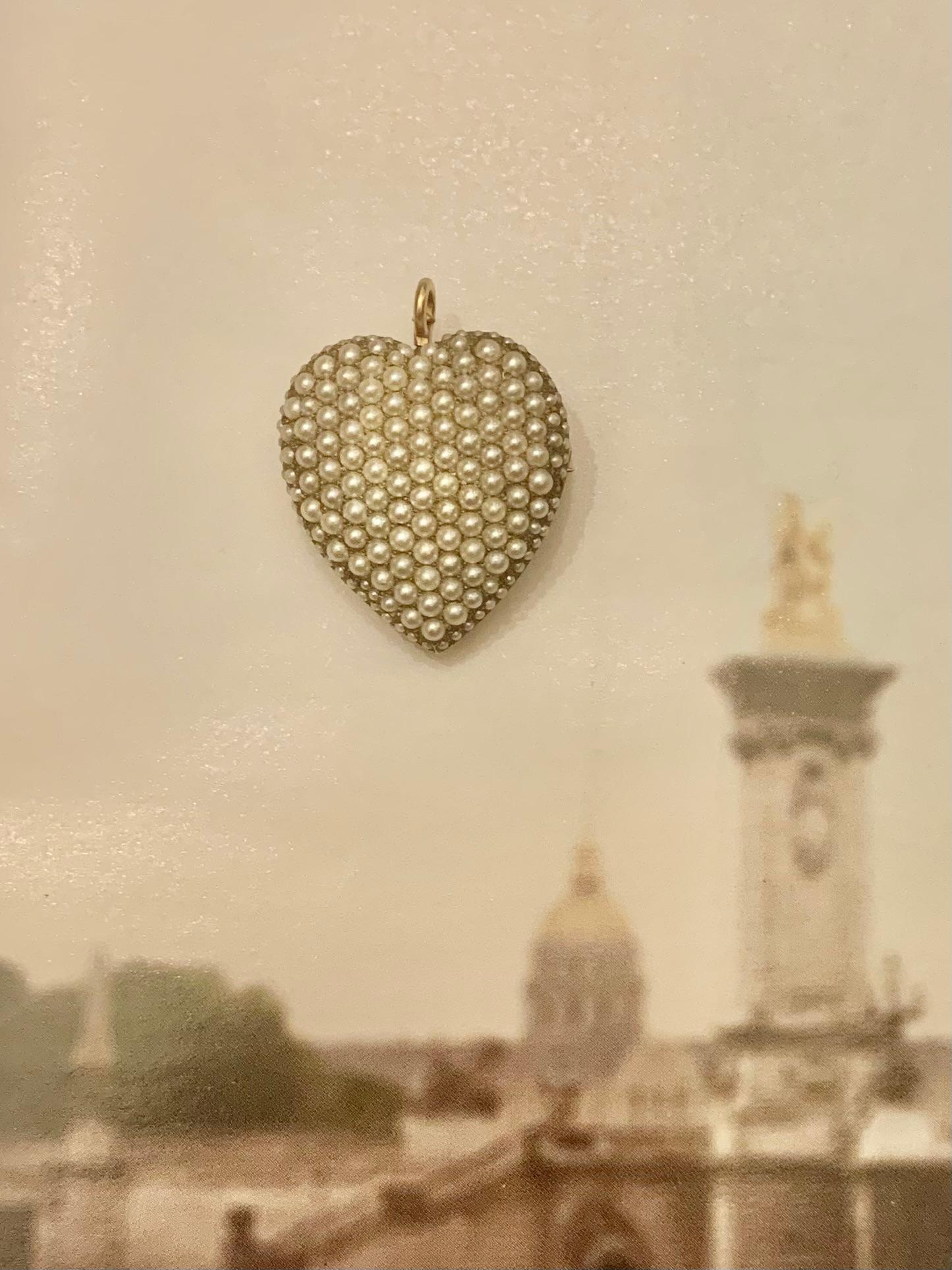 Bead Antique Edwardian Heart Shaped Natural Pearl 14K Gold Pendant, Riker Brothers For Sale