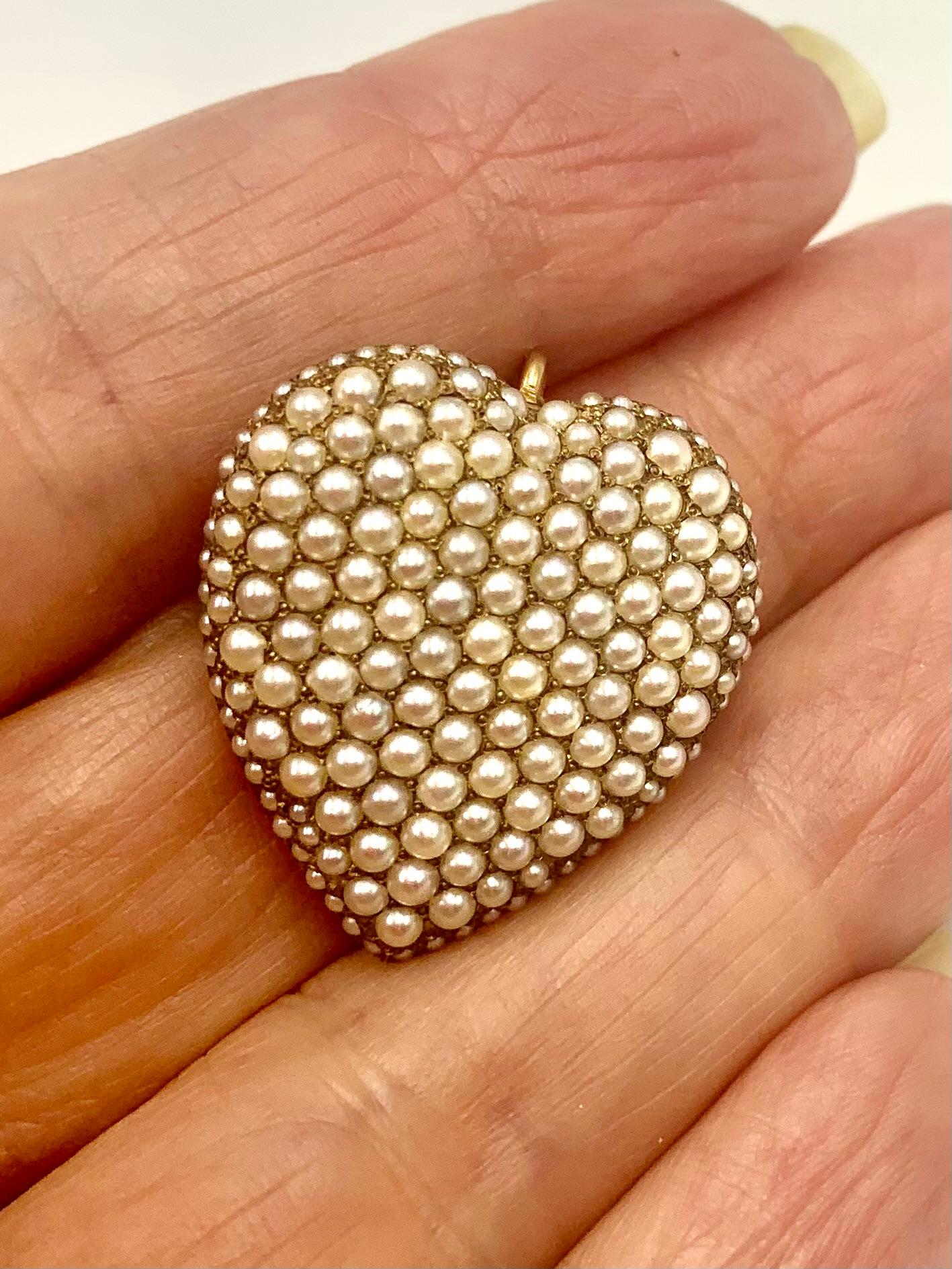Women's or Men's Antique Edwardian Heart Shaped Natural Pearl 14K Gold Pendant, Riker Brothers For Sale