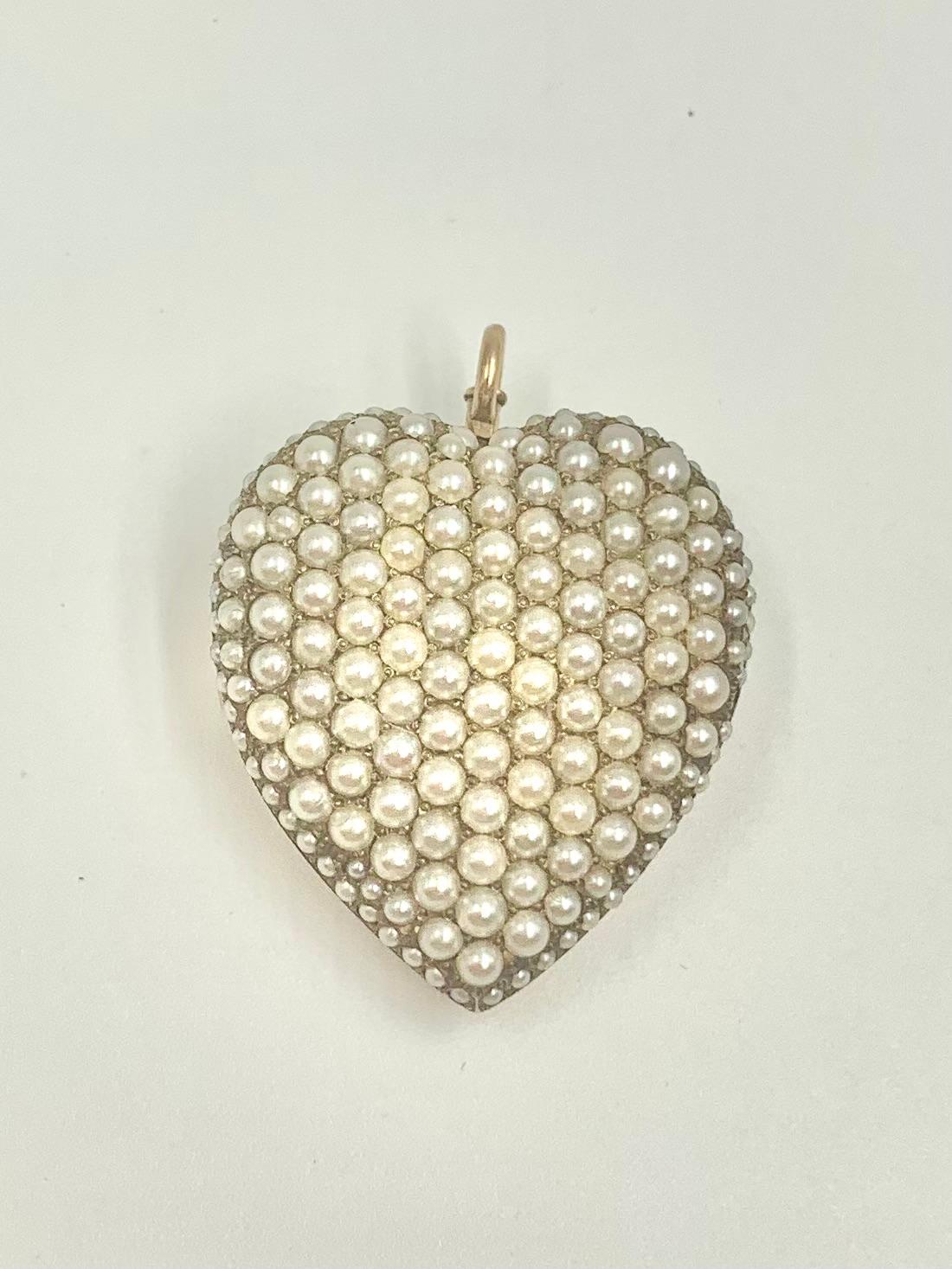 Antique Edwardian Heart Shaped Natural Pearl 14K Gold Pendant, Riker Brothers For Sale 2