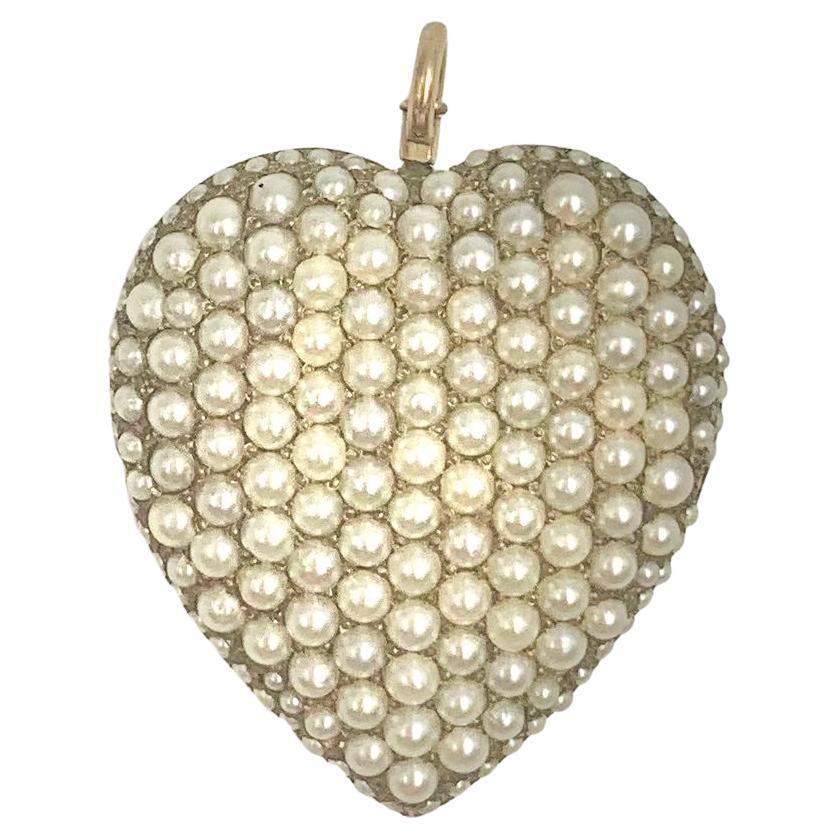 Antique Edwardian Heart Shaped Natural Pearl 14K Gold Pendant, Riker Brothers For Sale