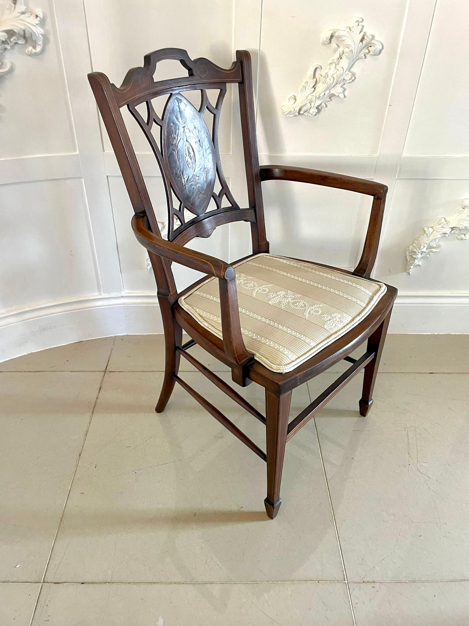 English Antique Edwardian Inlaid Mahogany Armchair For Sale