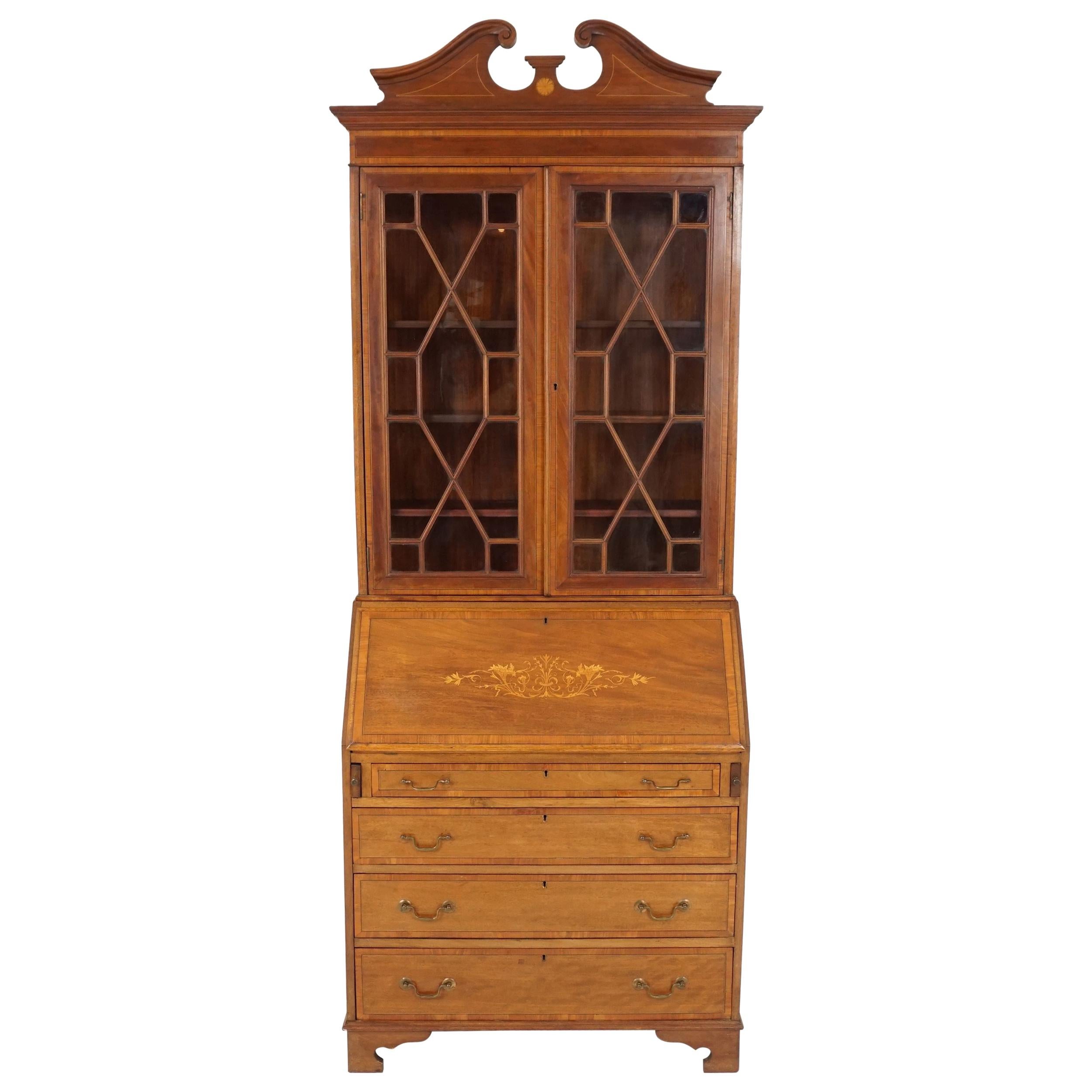 Antique Edwardian Inlaid Mahogany Bureau Bookcase, Scotland 1910, B2428