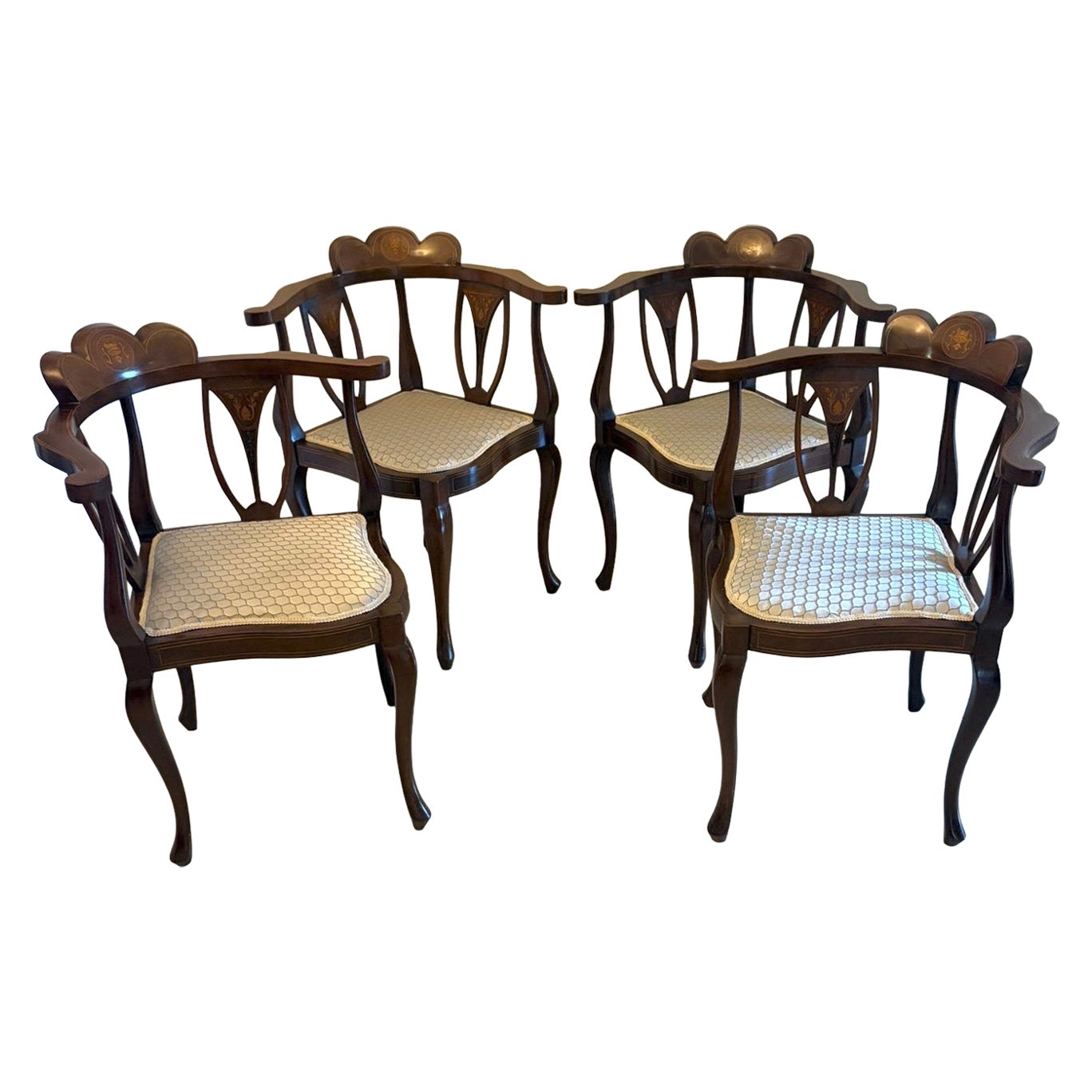 Antique Edwardian Inlaid Mahogany Corner Chairs Set of 4 Occasional Salon Chairs For Sale