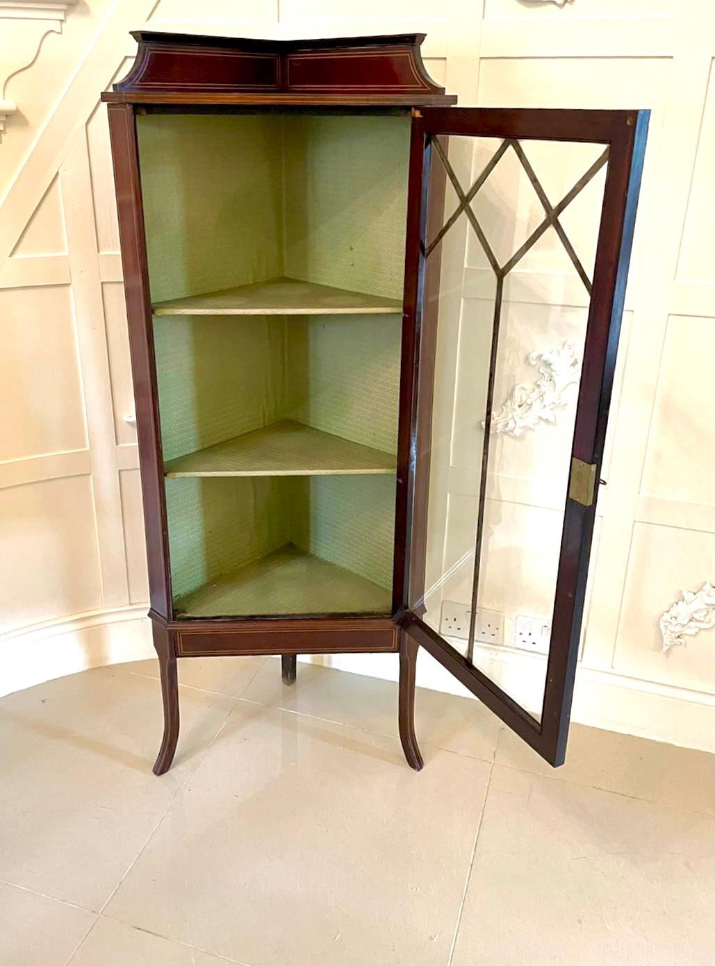 Antique Edwardian Inlaid Mahogany Corner Display Cabinet For Sale 3