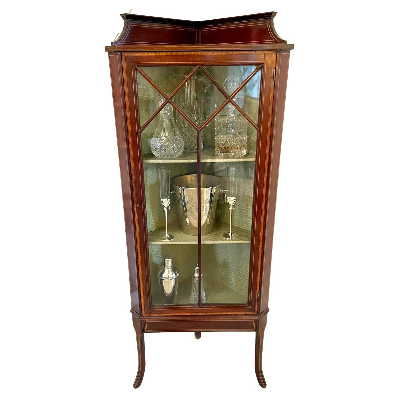 Antique Edwardian Inlaid Mahogany Corner Display Cabinet For Sale