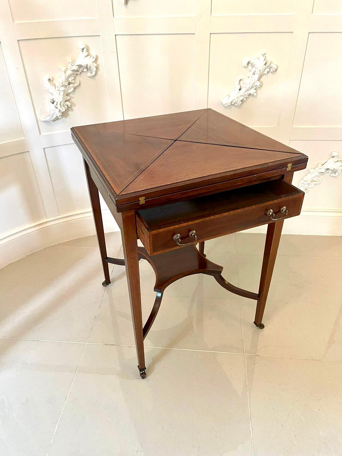  Antique Edwardian Inlaid Mahogany Envelope Card Table 1