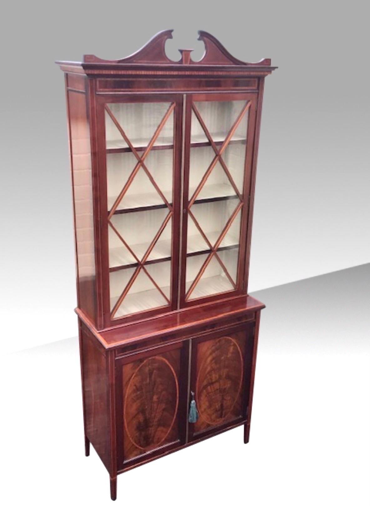 Late 19th Century Antique Edwardian Inlaid Mahogany Narrow Cabinet, Bookcase For Sale
