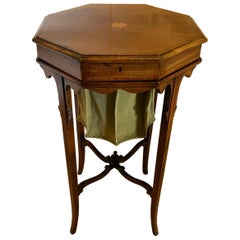 Antique Edwardian Inlaid Mahogany Octagonal Work / Lamp Table Sewing Table