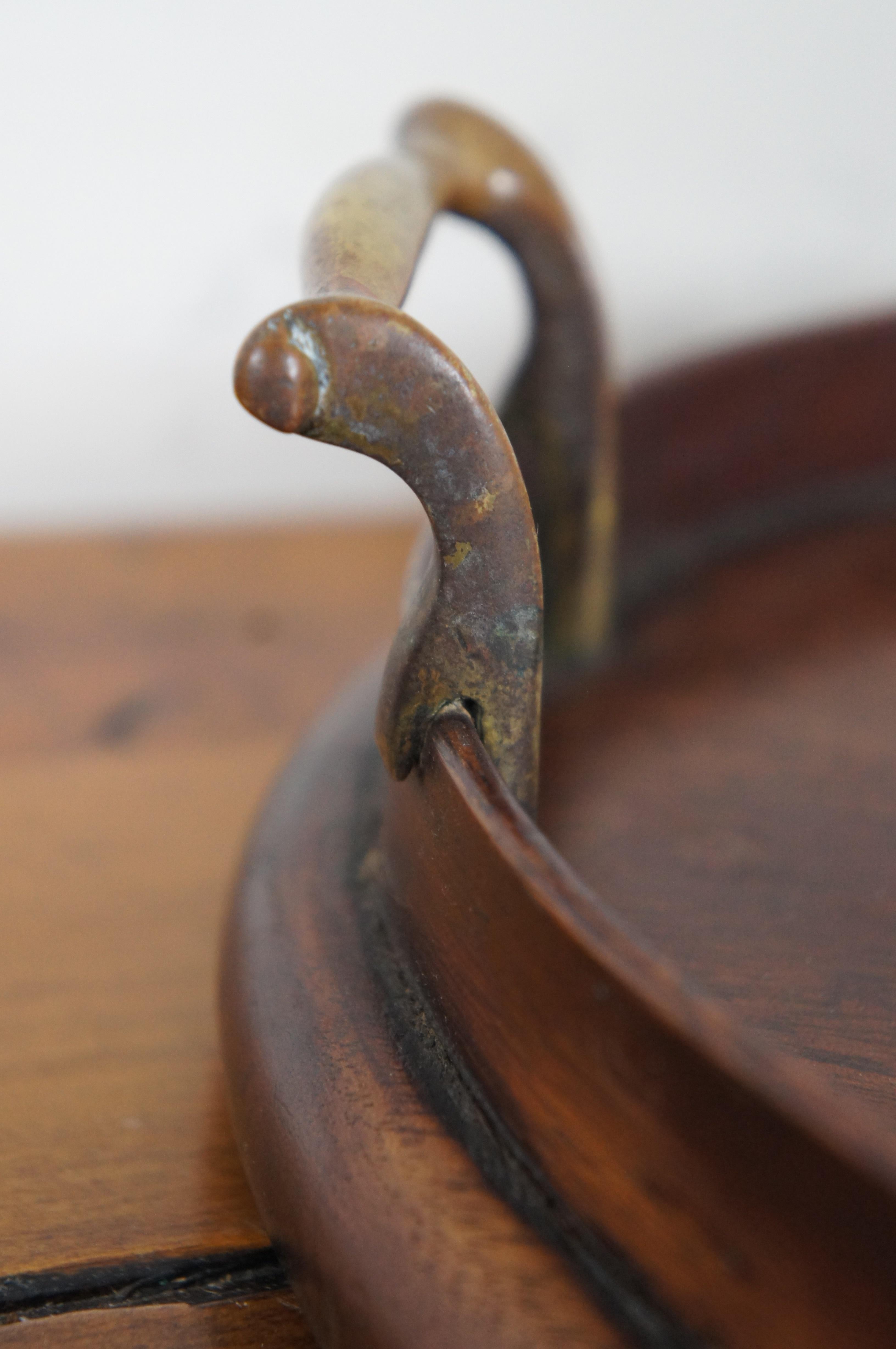 Antique Edwardian Inlaid Mahogany Oval Butlers Tea Bar Tray Brass Handles 6