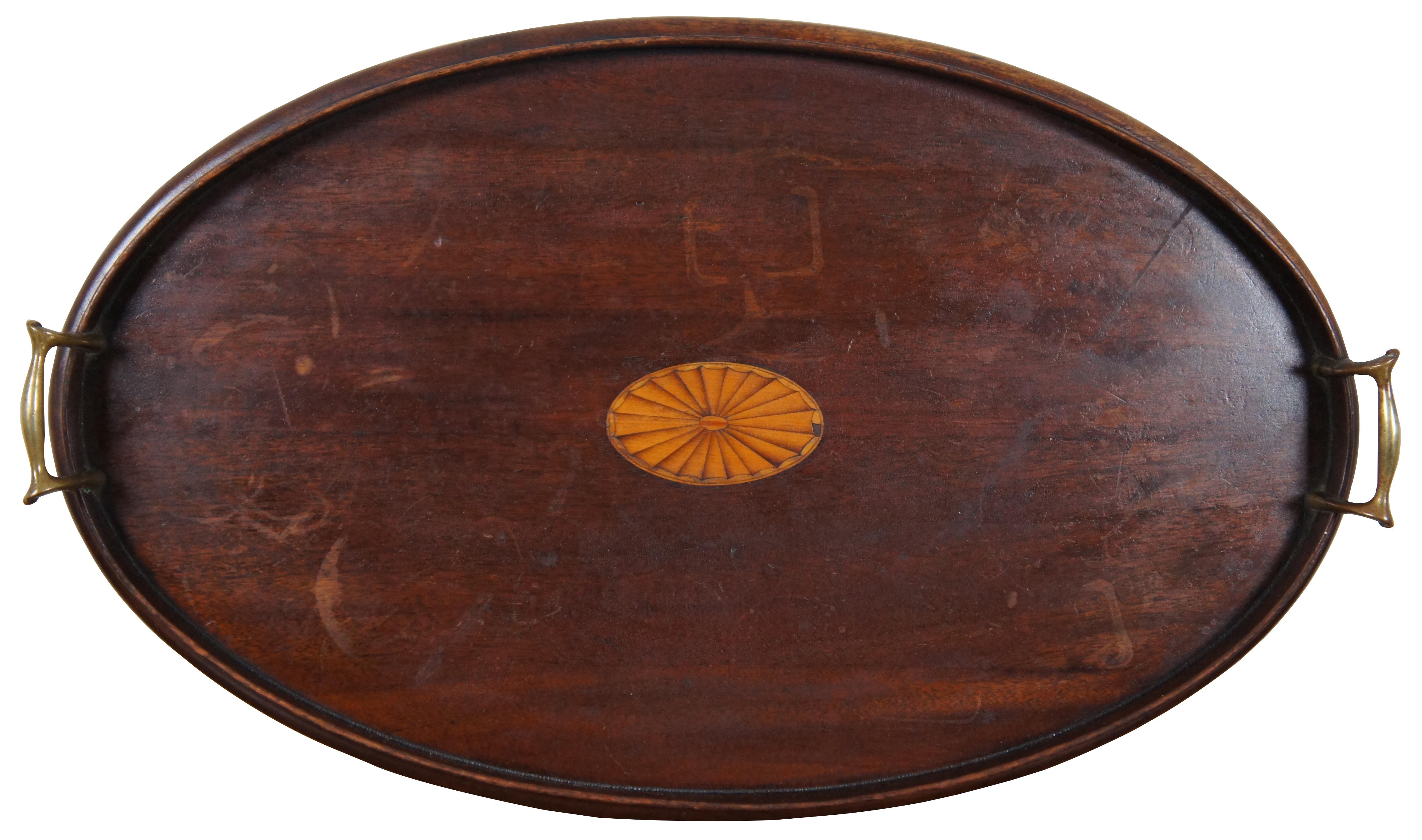 Antique Edwardian Inlaid Mahogany Oval Butlers Tea Bar Tray Brass Handles In Good Condition In Dayton, OH