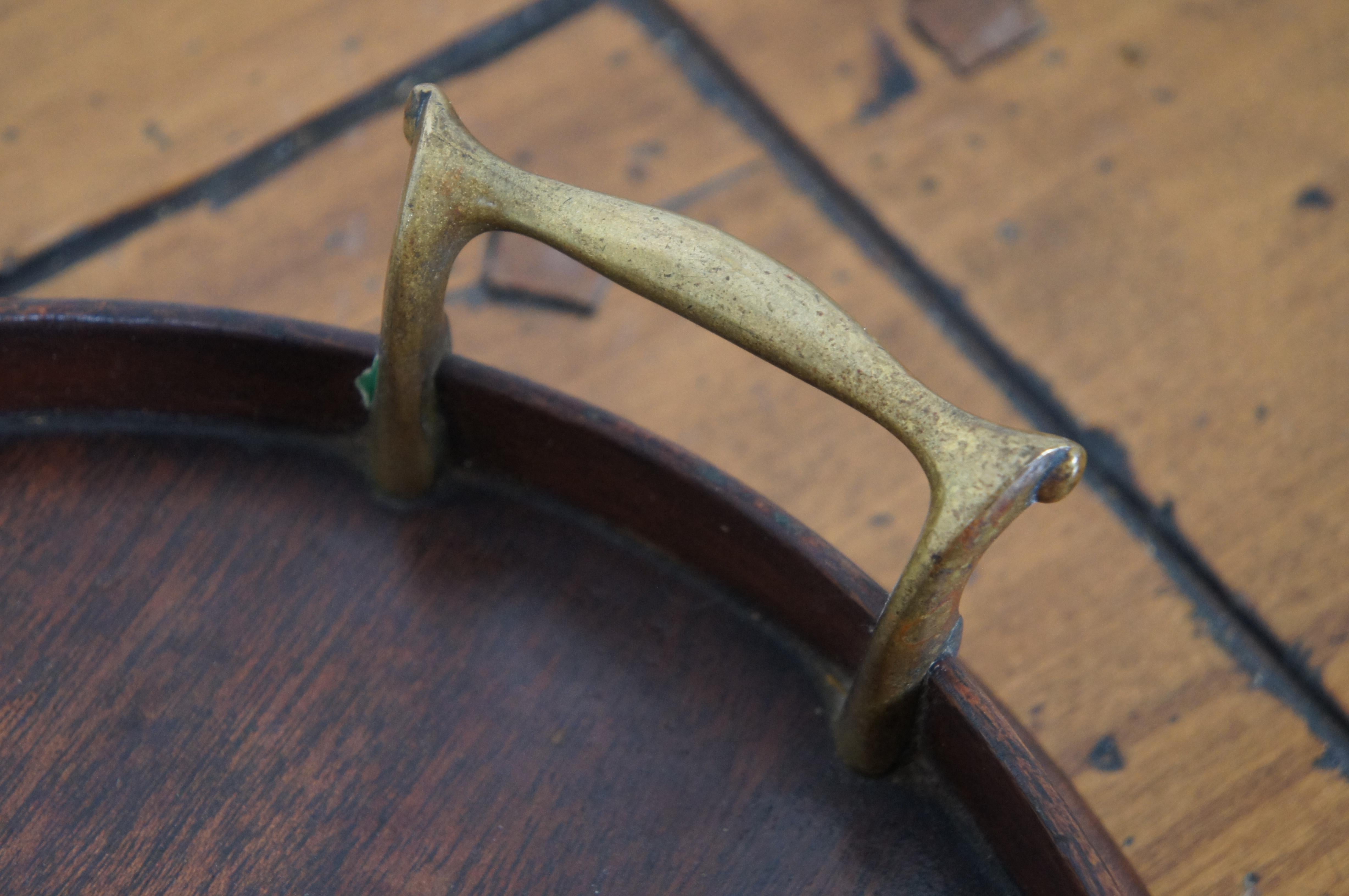 Antique Edwardian Inlaid Mahogany Oval Butlers Tea Bar Tray Brass Handles 5