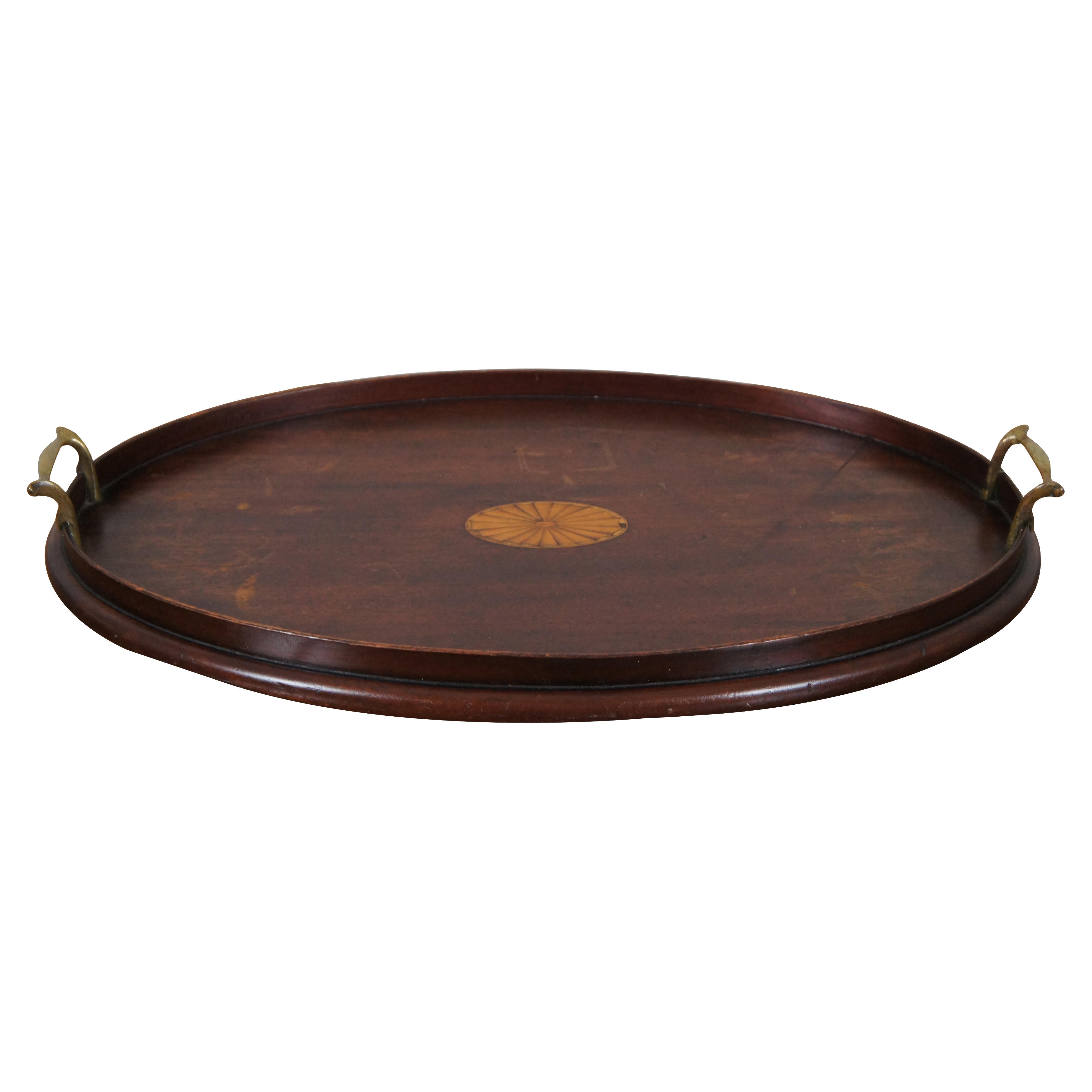 Edwardian Inlaid Oval Tray with Brass Gallery at 1stDibs