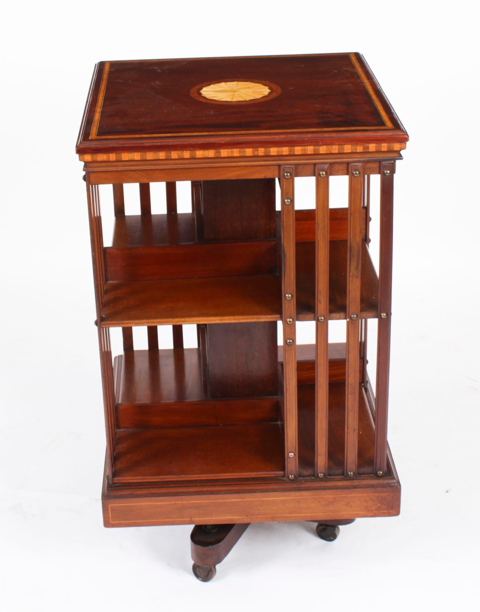 English Antique Edwardian Inlaid Mahogany Revolving Bookcase C1900 For Sale