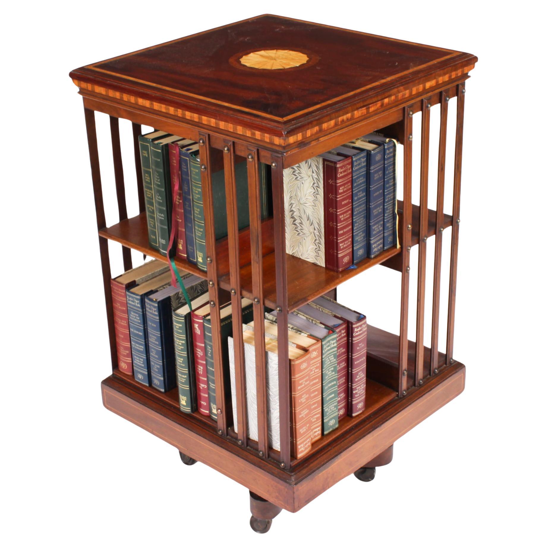 Antique Edwardian Inlaid Mahogany Revolving Bookcase C1900 For Sale