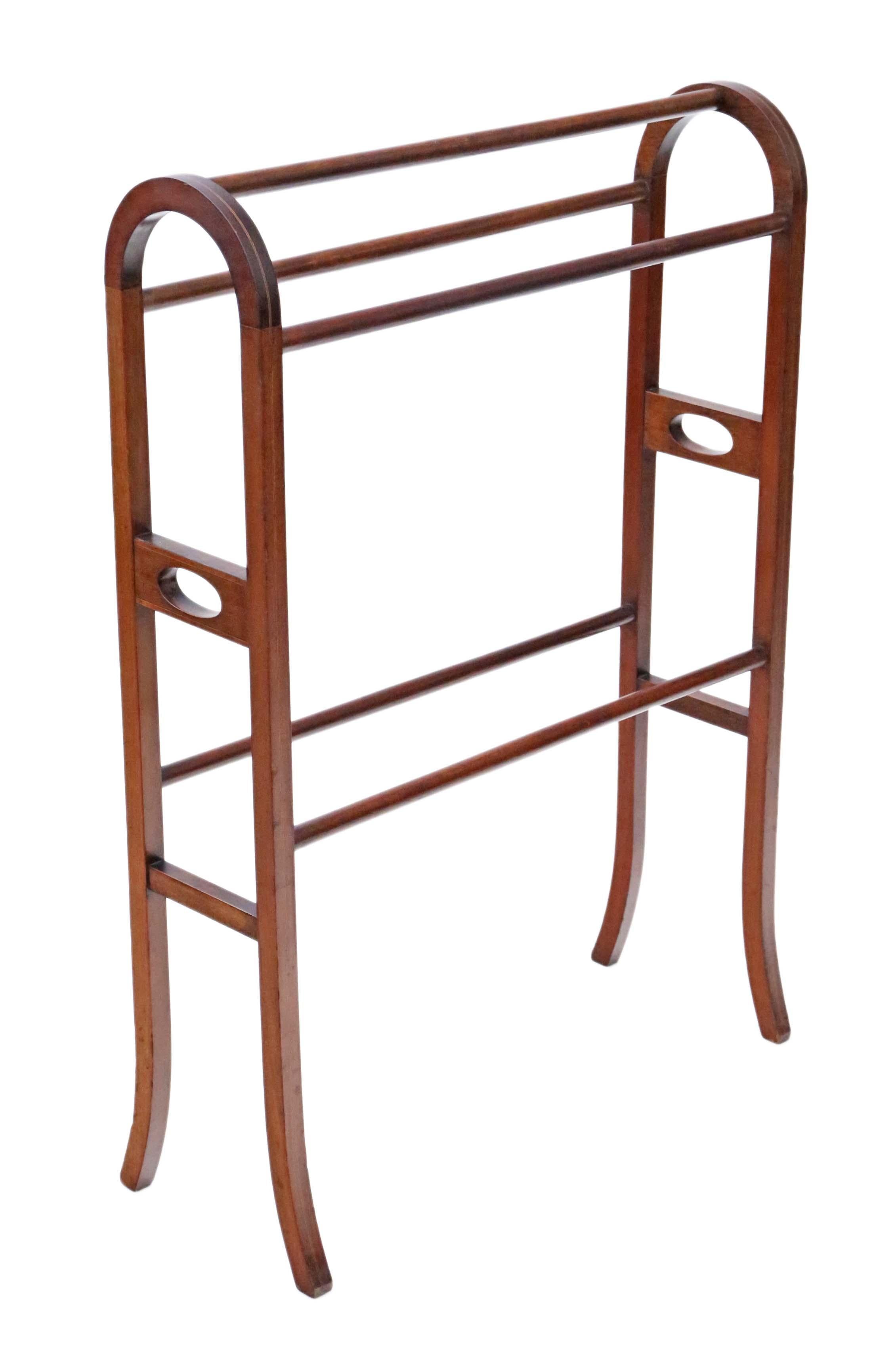 Antique quality Edwardian inlaid mahogany towel rail stand, circa 1905.

This item is solid and strong, with no loose joints.

No woodworm.

Would look amazing in the right location!

Overall maximum dimensions:

67cm W x 27cm D x 96cm