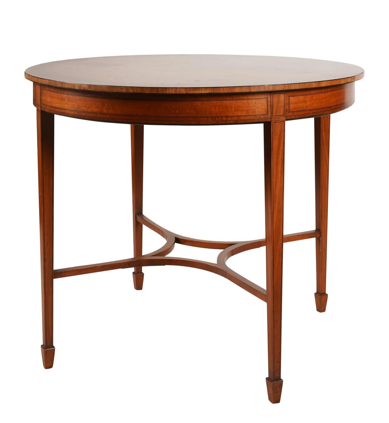 Circa 1900 Antique Edwardian Inlaid & Marquetry Mixed Woods Center / Side Table. Satinwood, Walnut, Ebony. Quartered satinwood pattern line inlaid with ebony strip surrounded by walnut edge banding. Inlaid panels on side aprons and legs. 