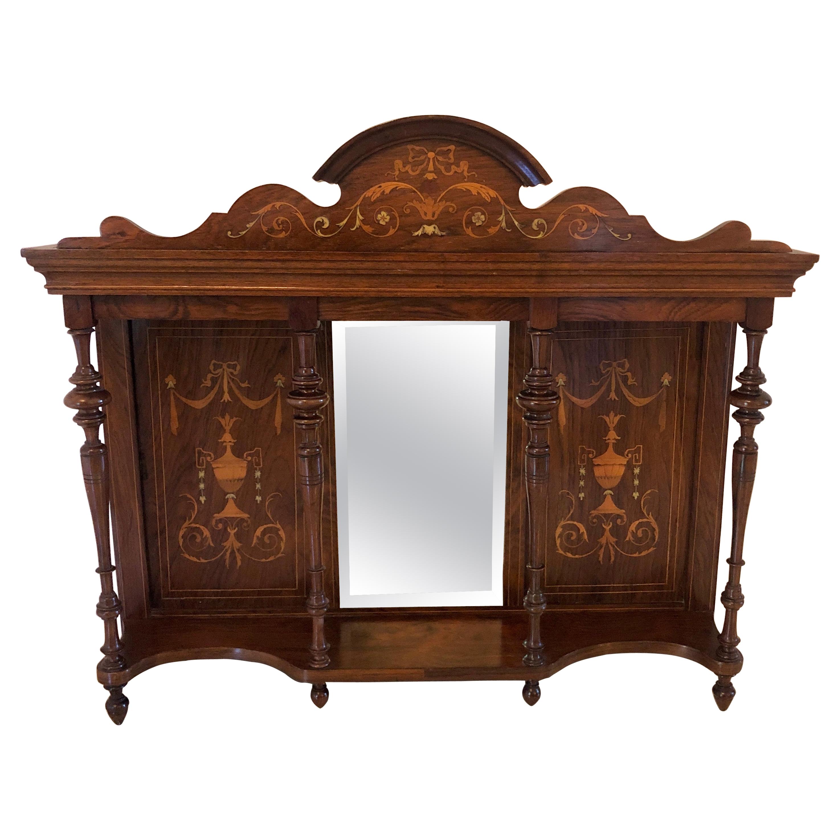 Antiker Edwardianischer Kaminsims-Spiegel mit Intarsien aus Rosenholz