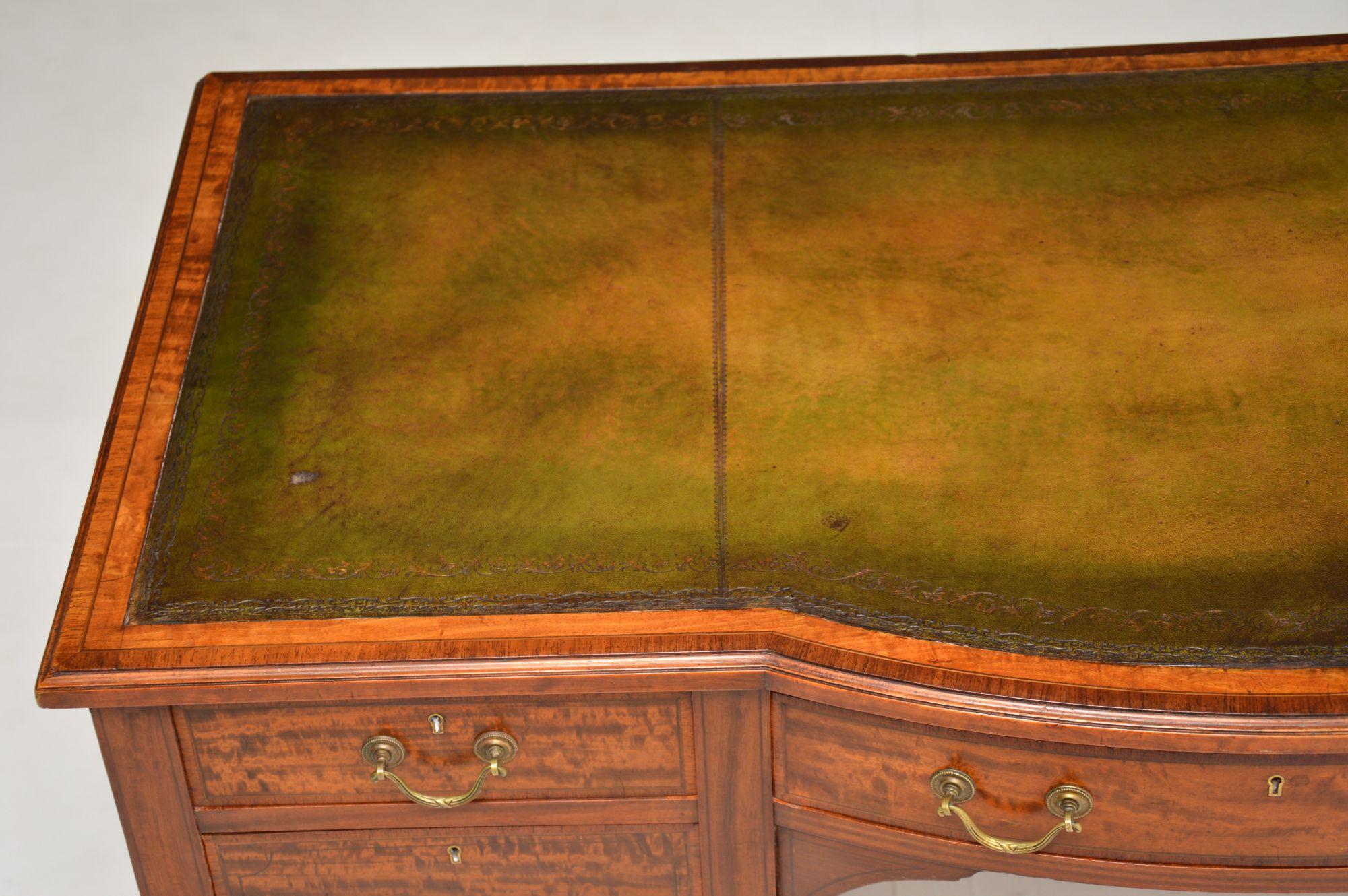 English Antique Edwardian Inlaid Satin Wood Leather Top Desk