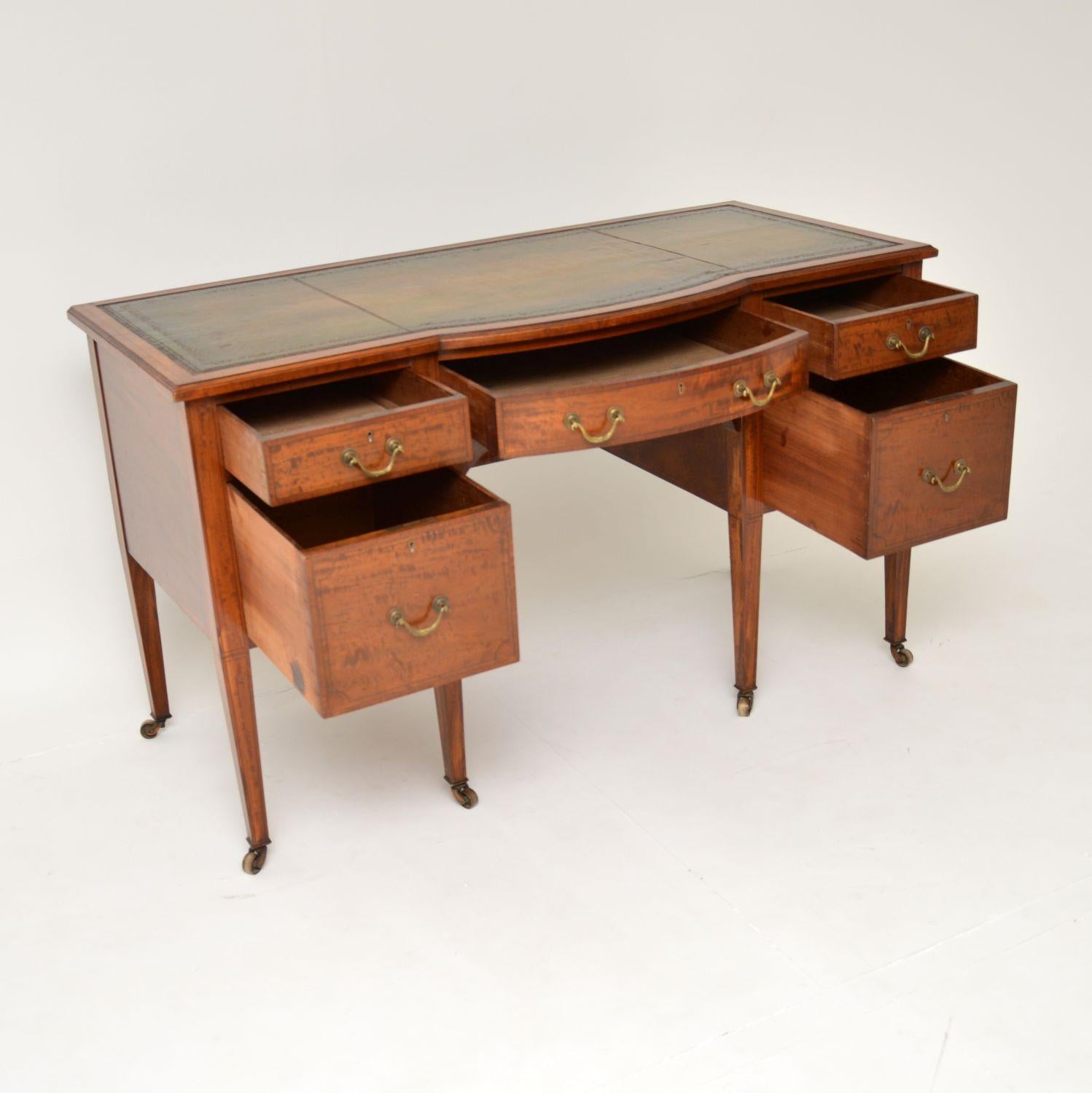 Satinwood Antique Edwardian Inlaid Satin Wood Leather Top Desk