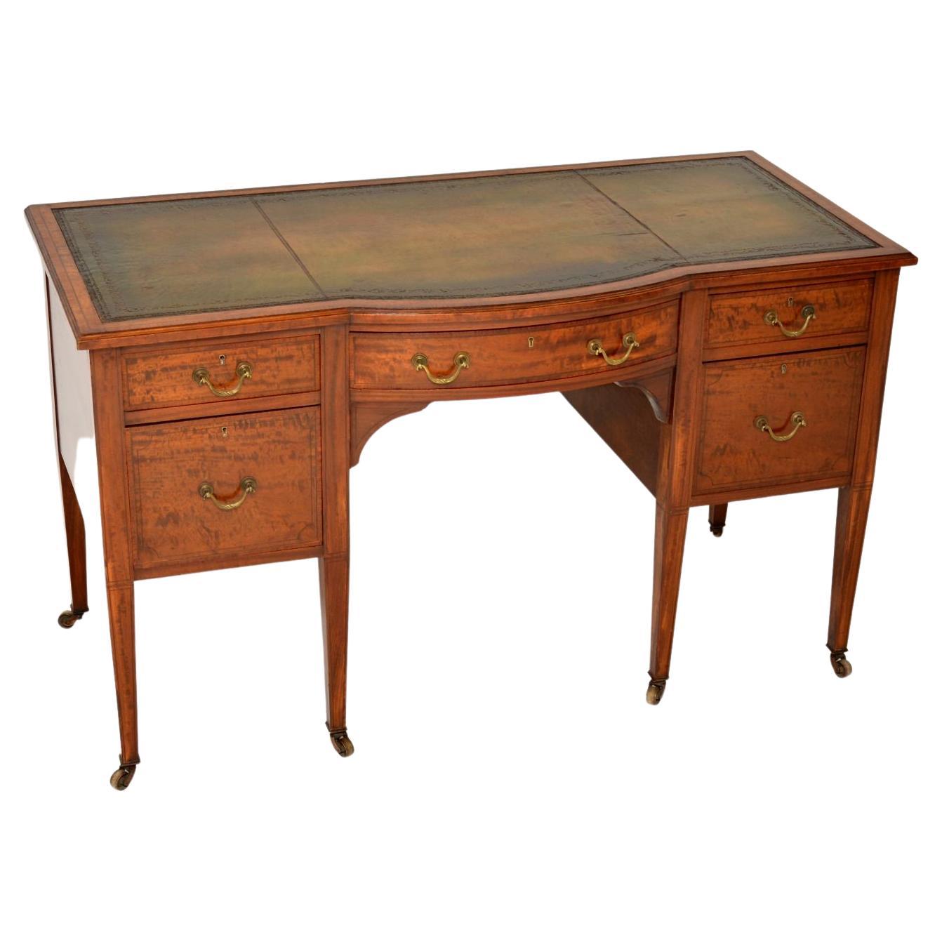 Antique Edwardian Inlaid Satin Wood Leather Top Desk