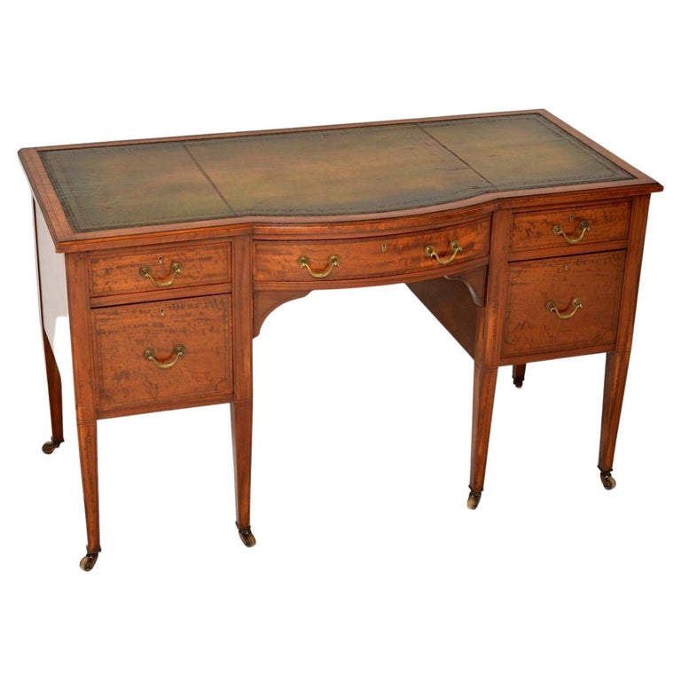 Antique Edwardian Inlaid Satin Wood, Antique Wood Desk With Leather Top