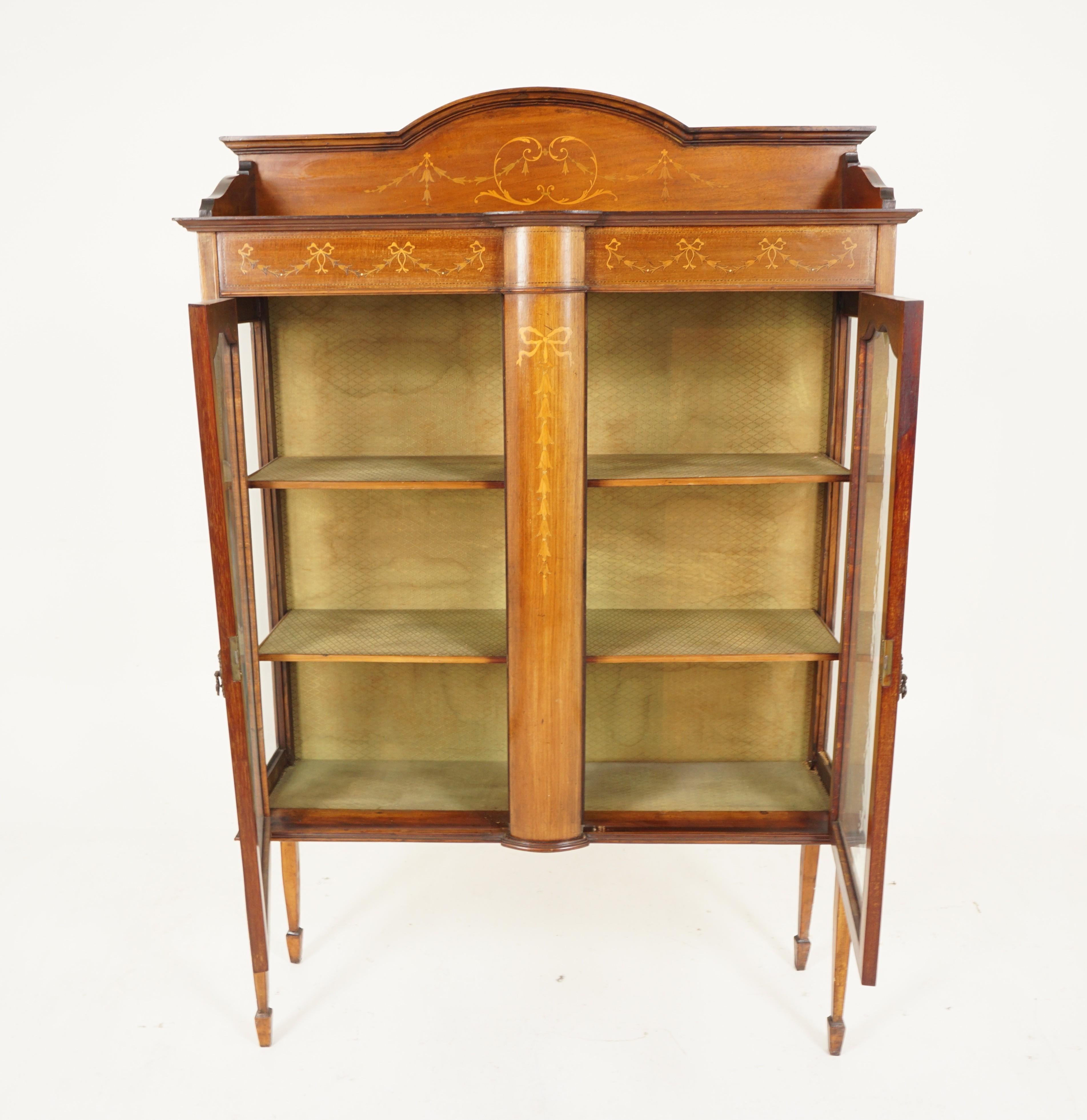 Scottish Antique Edwardian Inlaid Walnut Display China Cabinet, Scotland 1910, B2868