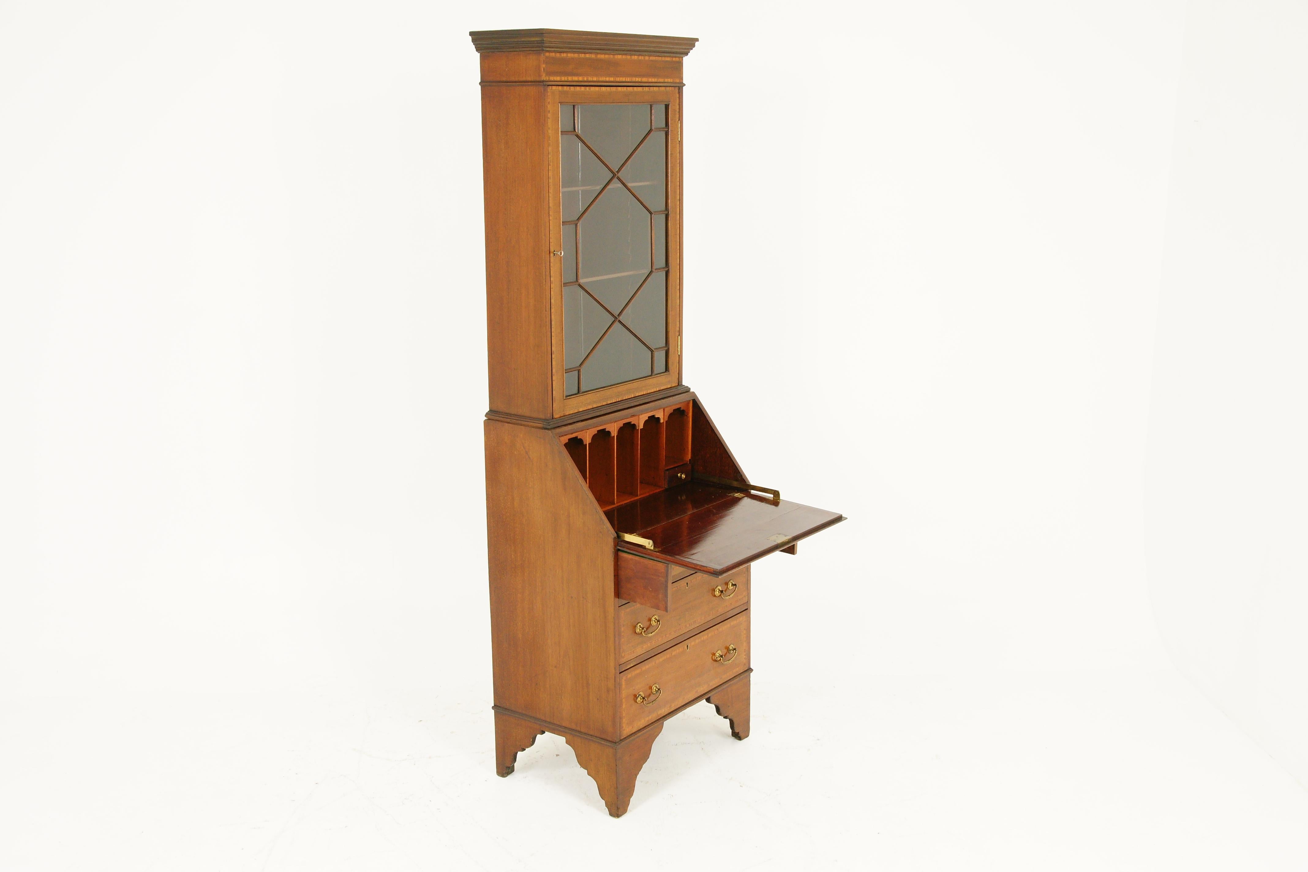 Antique Edwardian Inlaid Walnut Secrétaire Bookcase Bureau Scotland 1900, B1636 1