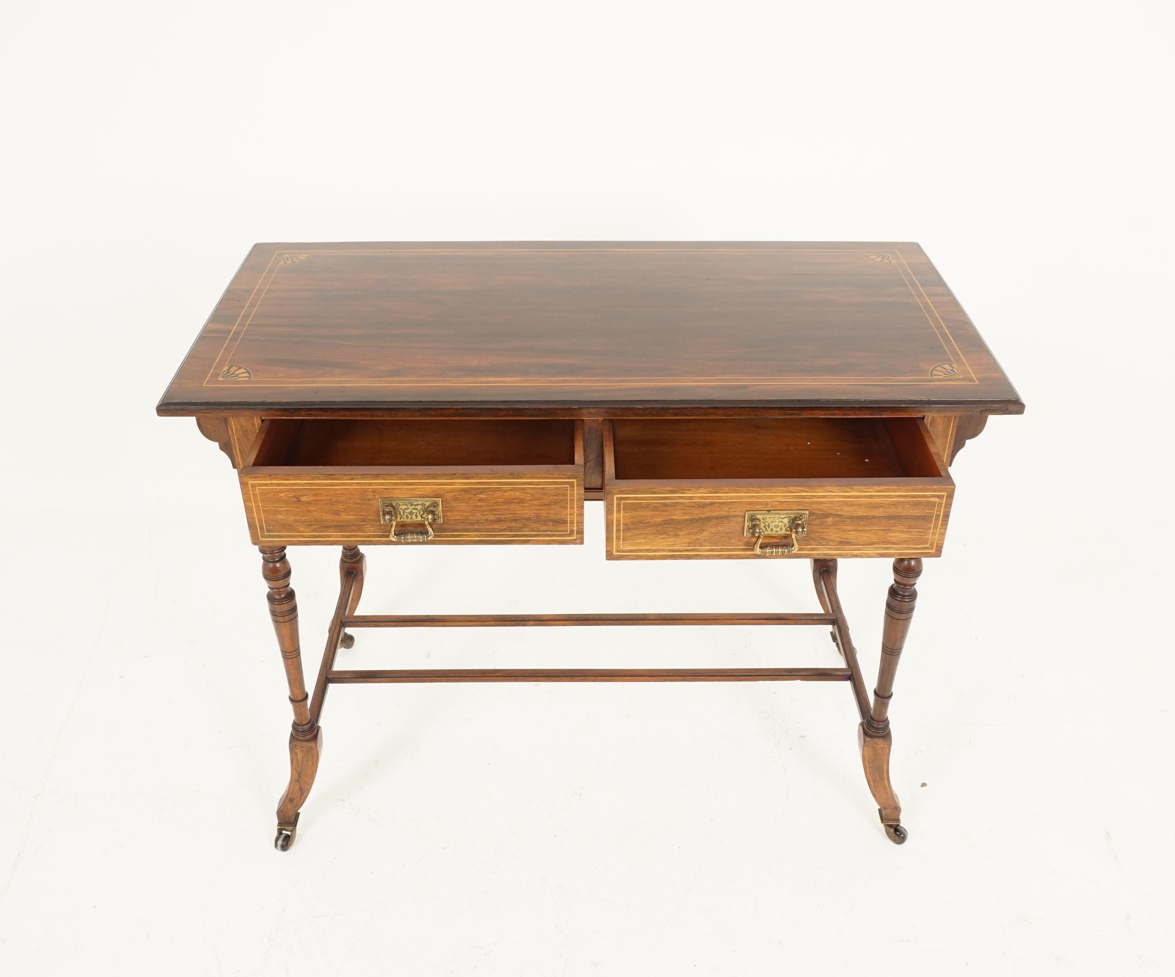 Antique Edwardian Inlaid Writing Table, Rosewood Hall Table, Scotland 1910, B2368

Scotland 1910
Rosewood, Ebony And Boxwood
Original Finish
Rectangular Moulded Top Is Crosshanded With Rosewood, Boxwood And Ebony Inlay
Pair Of Dovetailed