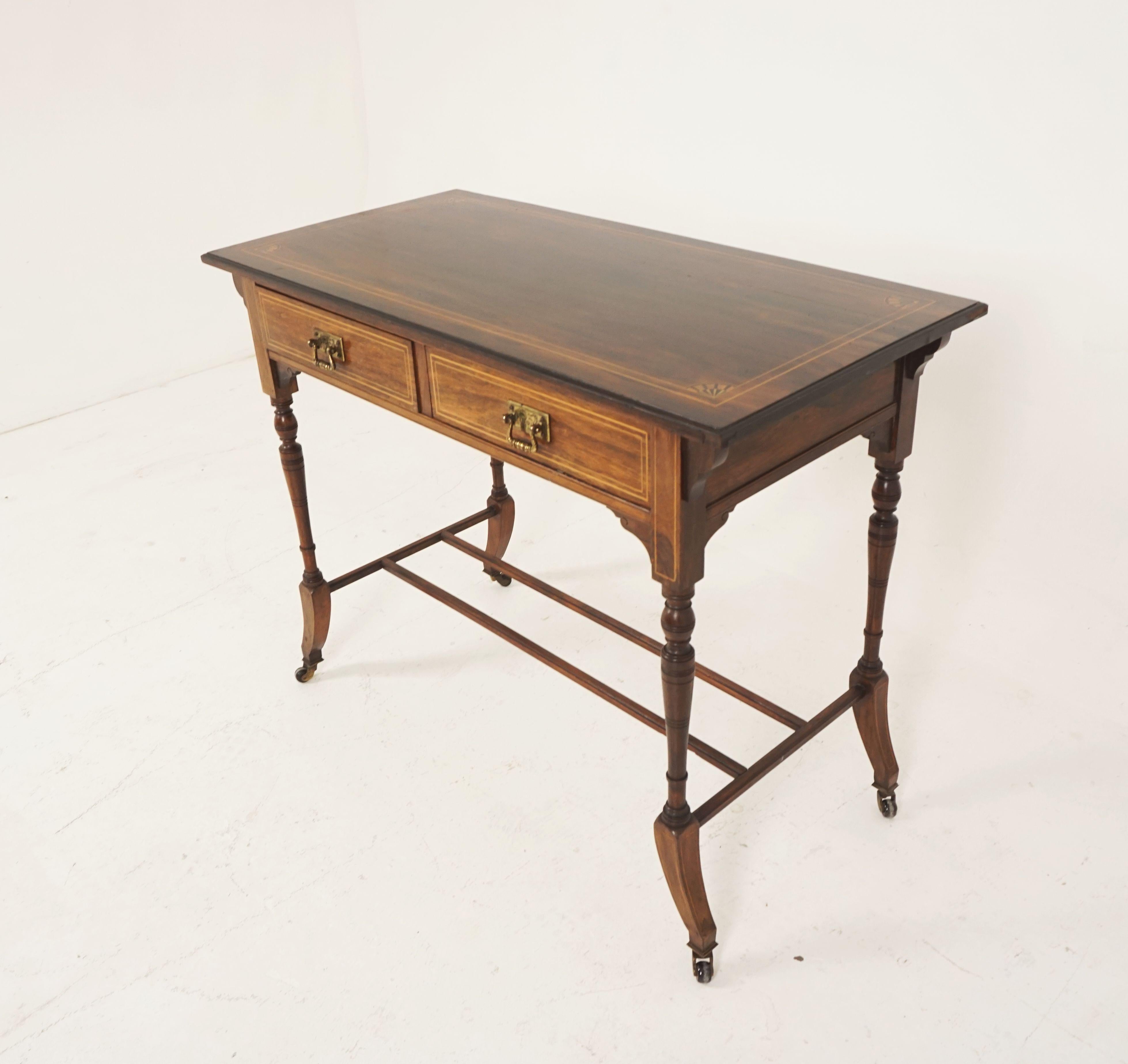 Hand-Crafted Antique Edwardian Inlaid Writing Table, Rosewood Hall Table, Scotland 1910, B2368