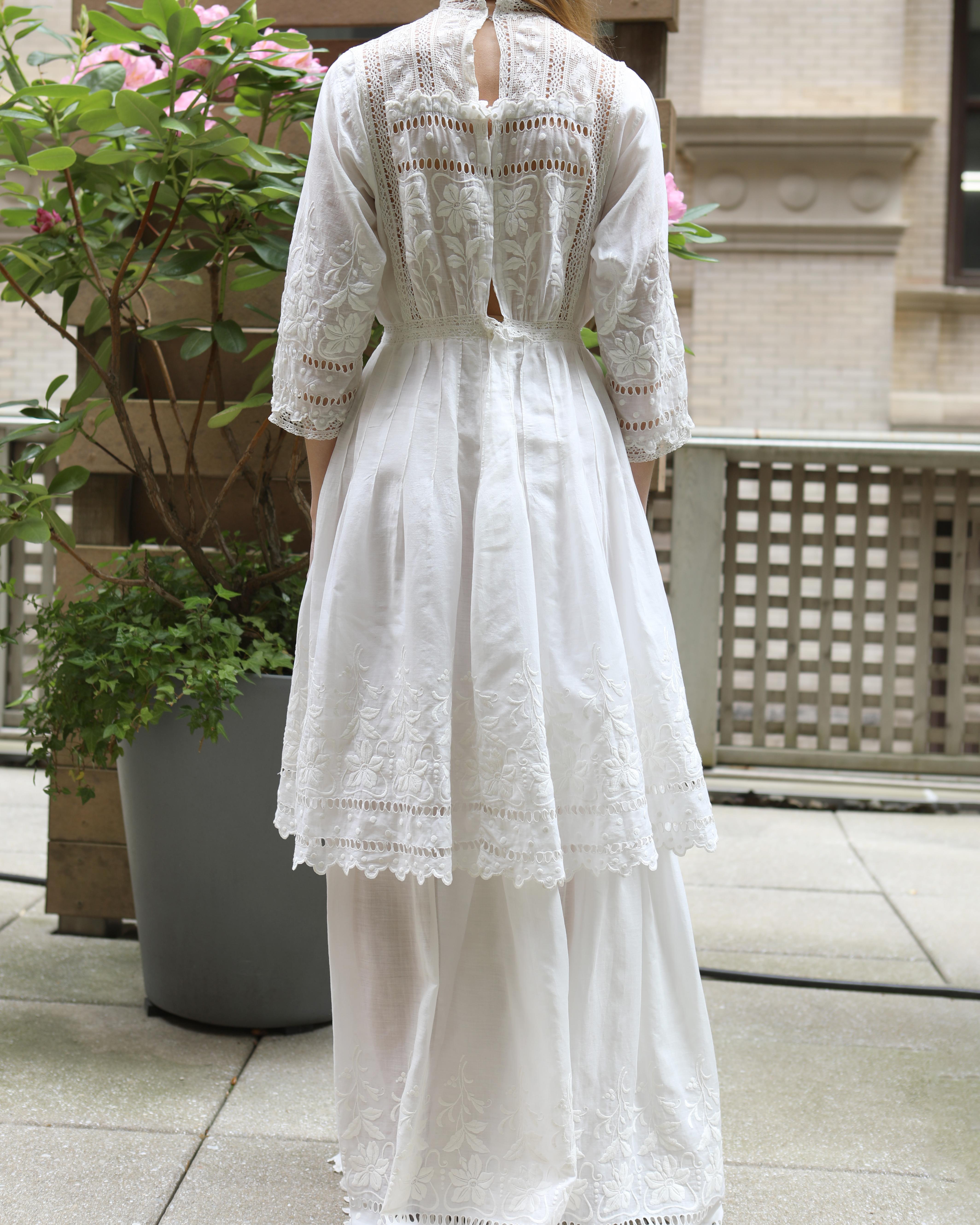 Antique Edwardian Ivory Embroidered Lace Lawn Dress With Underskirt For Sale 6