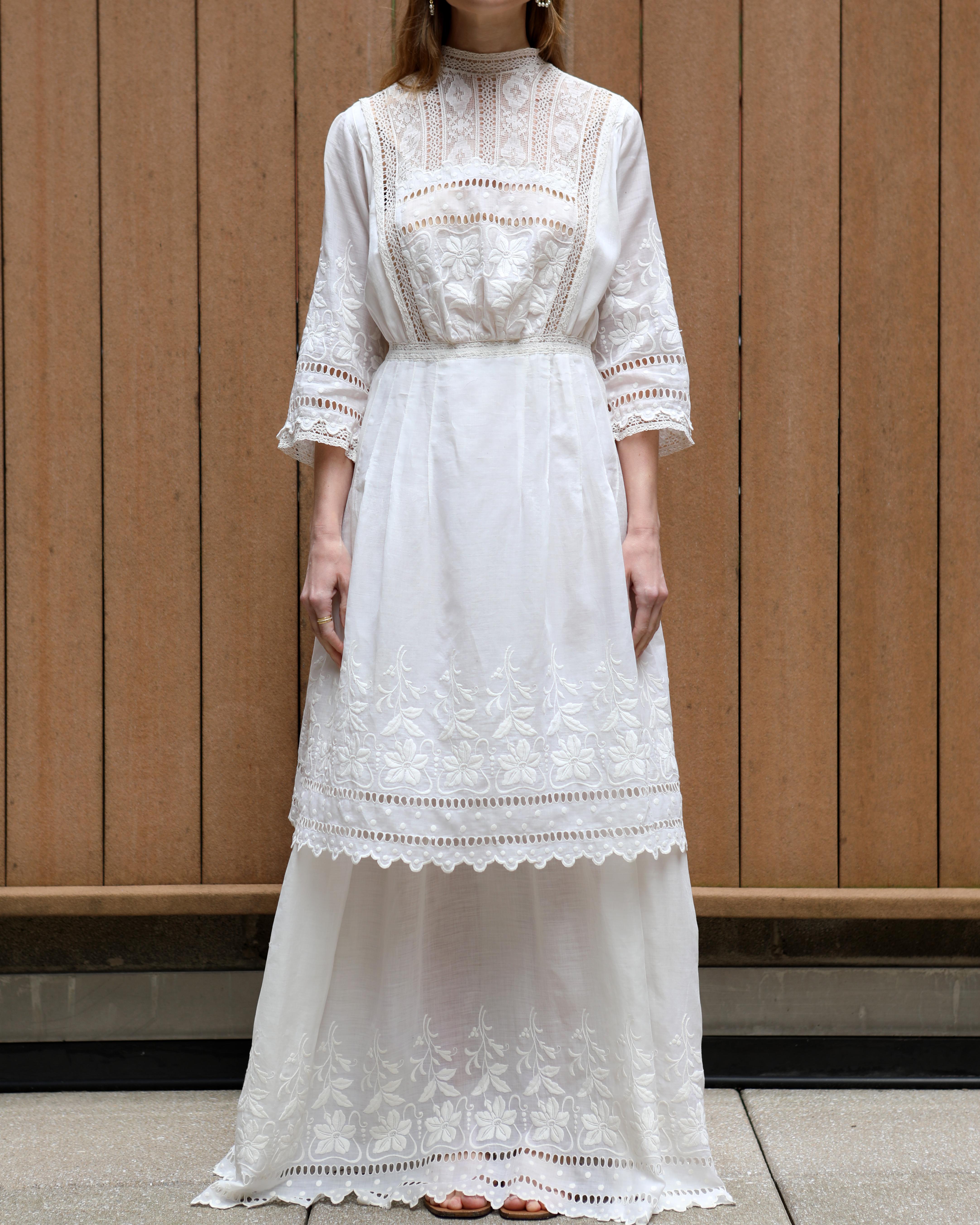 Antique Edwardian Ivory Embroidered Lace Lawn Dress With Underskirt For Sale 9