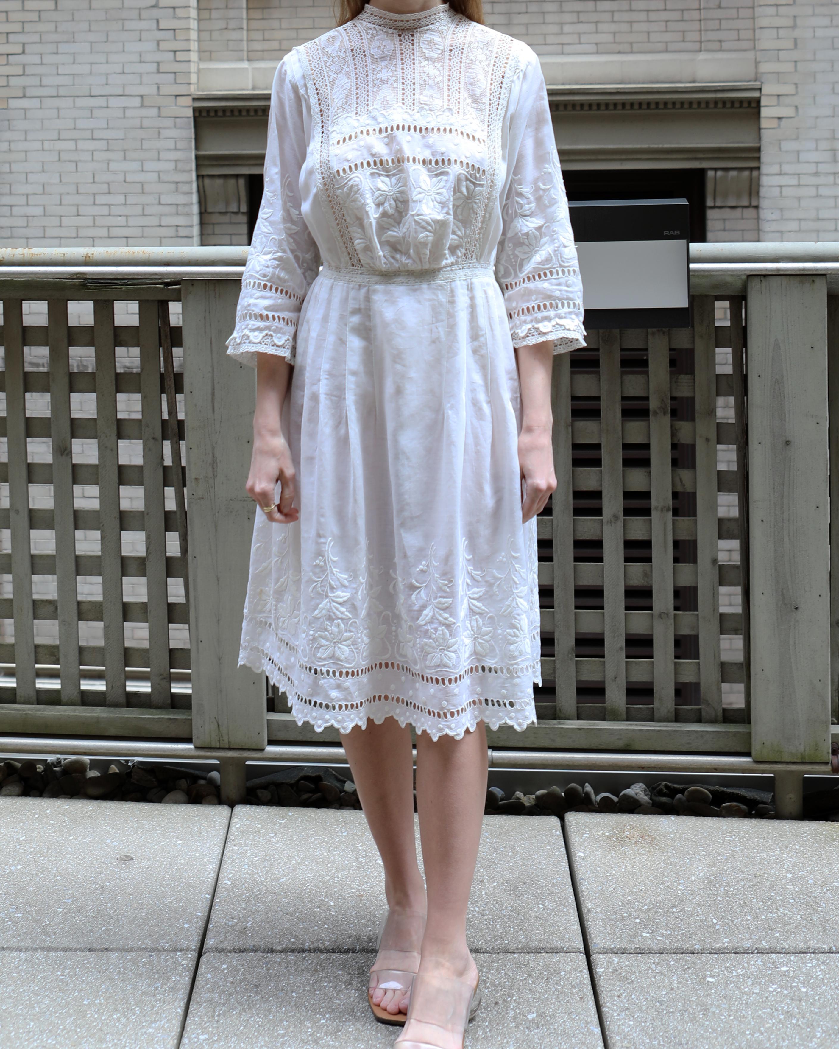 Antique Edwardian Ivory Embroidered Lace Lawn Dress With Underskirt For Sale 11