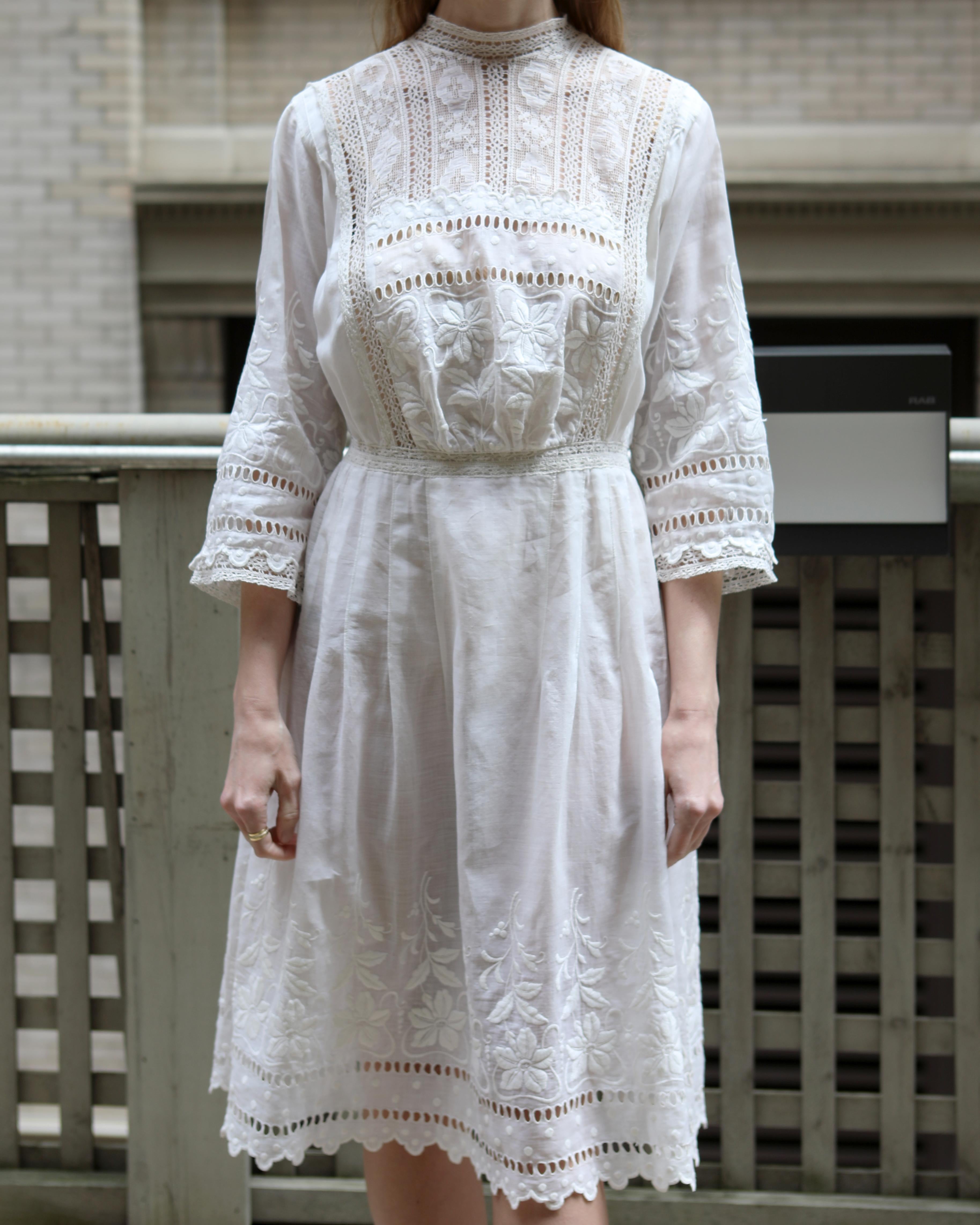 Antique Edwardian Ivory Embroidered Lace Lawn Dress With Underskirt For Sale 12