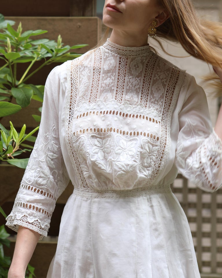 Antique Edwardian Ivory Embroidered Lace Lawn Dress With Underskirt