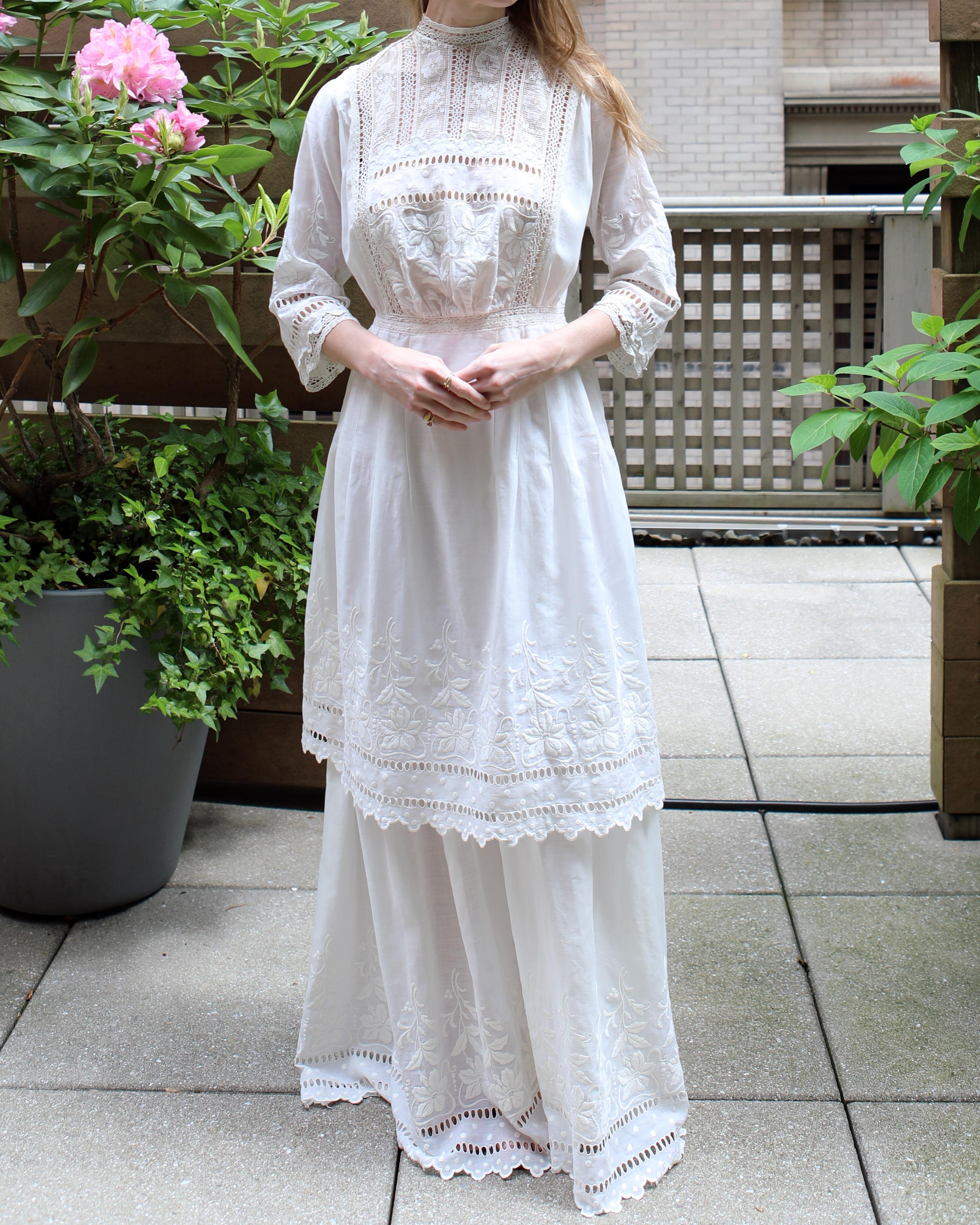 Gray Antique Edwardian Ivory Embroidered Lace Lawn Dress With Underskirt For Sale