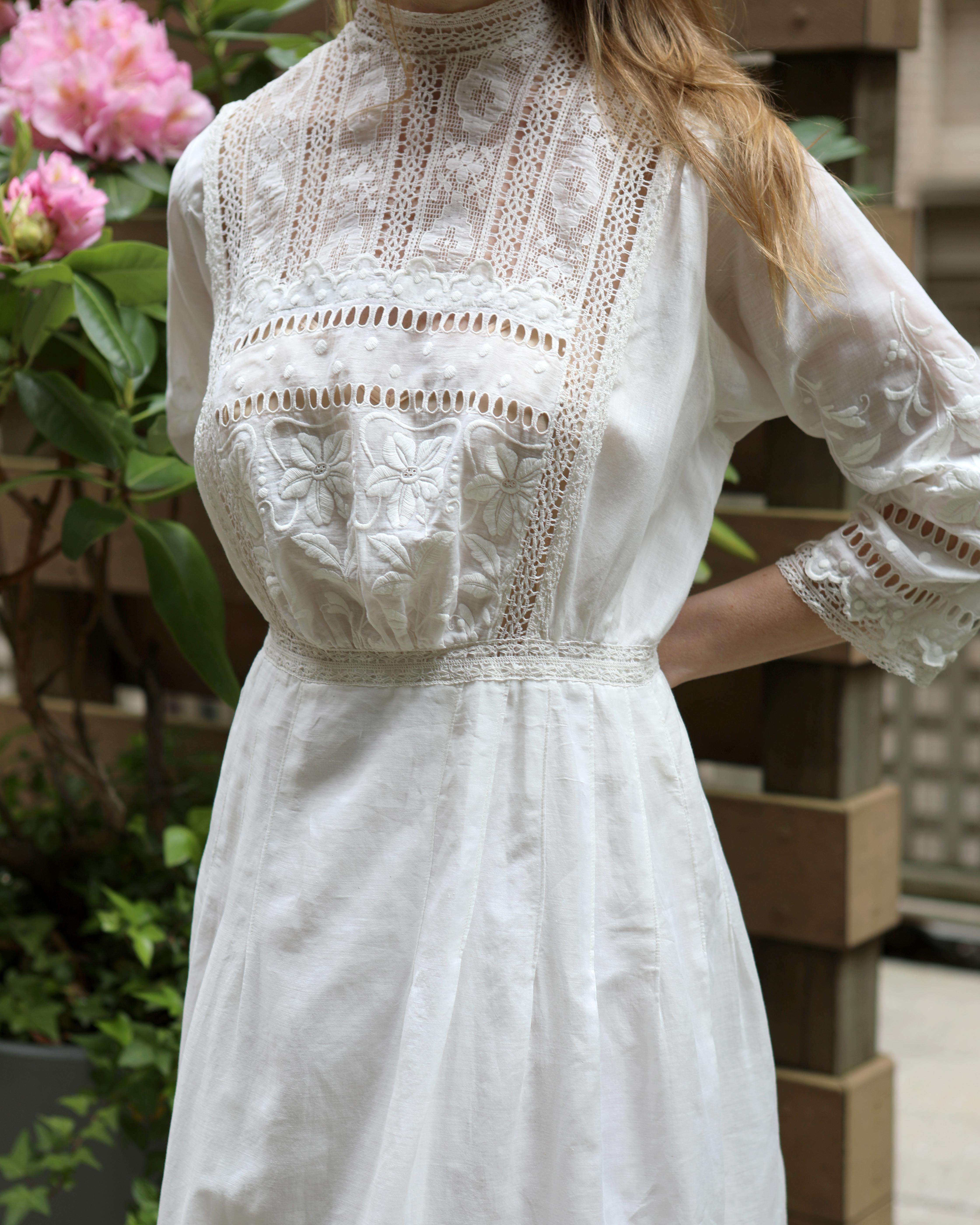 Women's Antique Edwardian Ivory Embroidered Lace Lawn Dress With Underskirt For Sale
