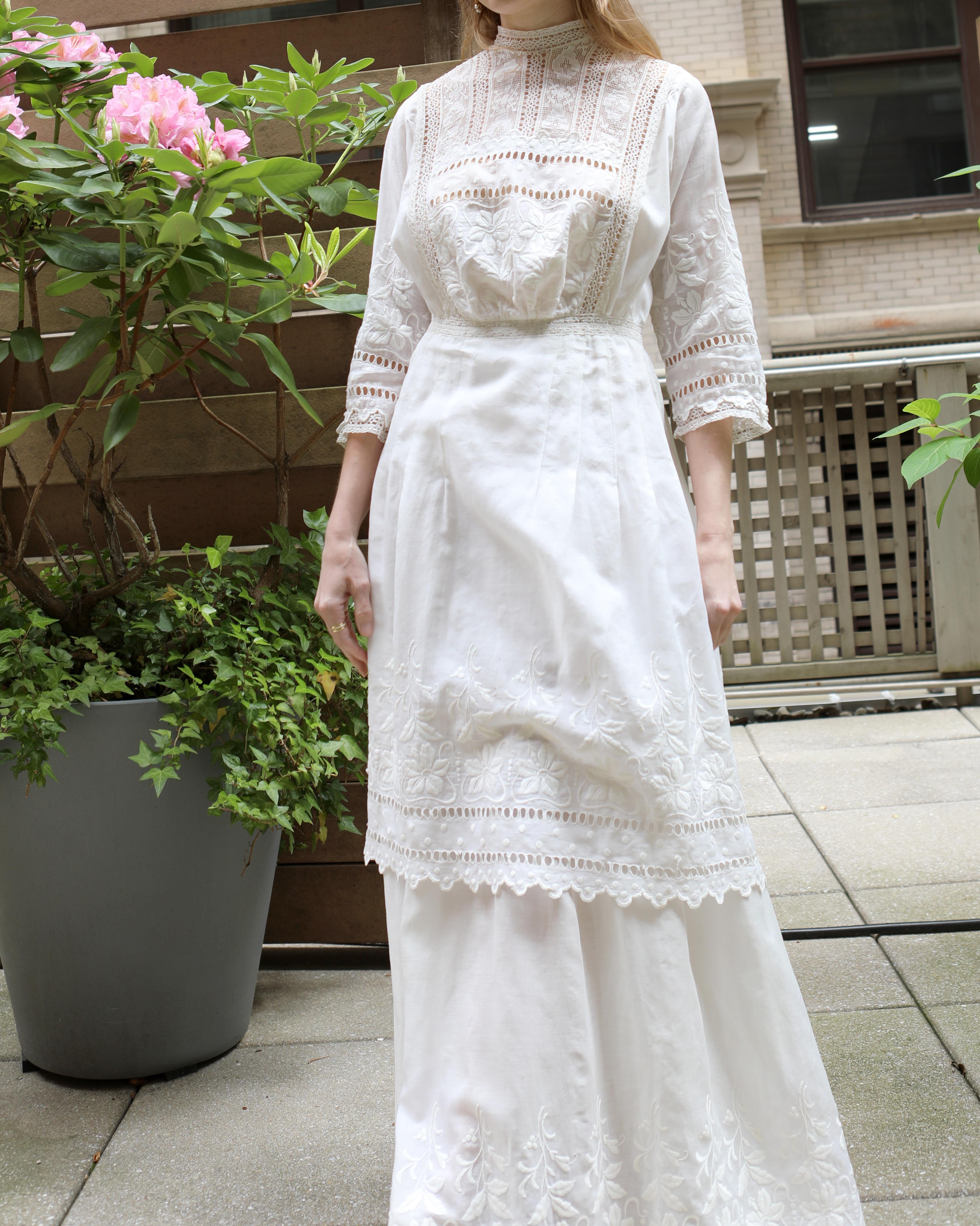 Antique Edwardian Ivory Embroidered Lace Lawn Dress With Underskirt For Sale 2