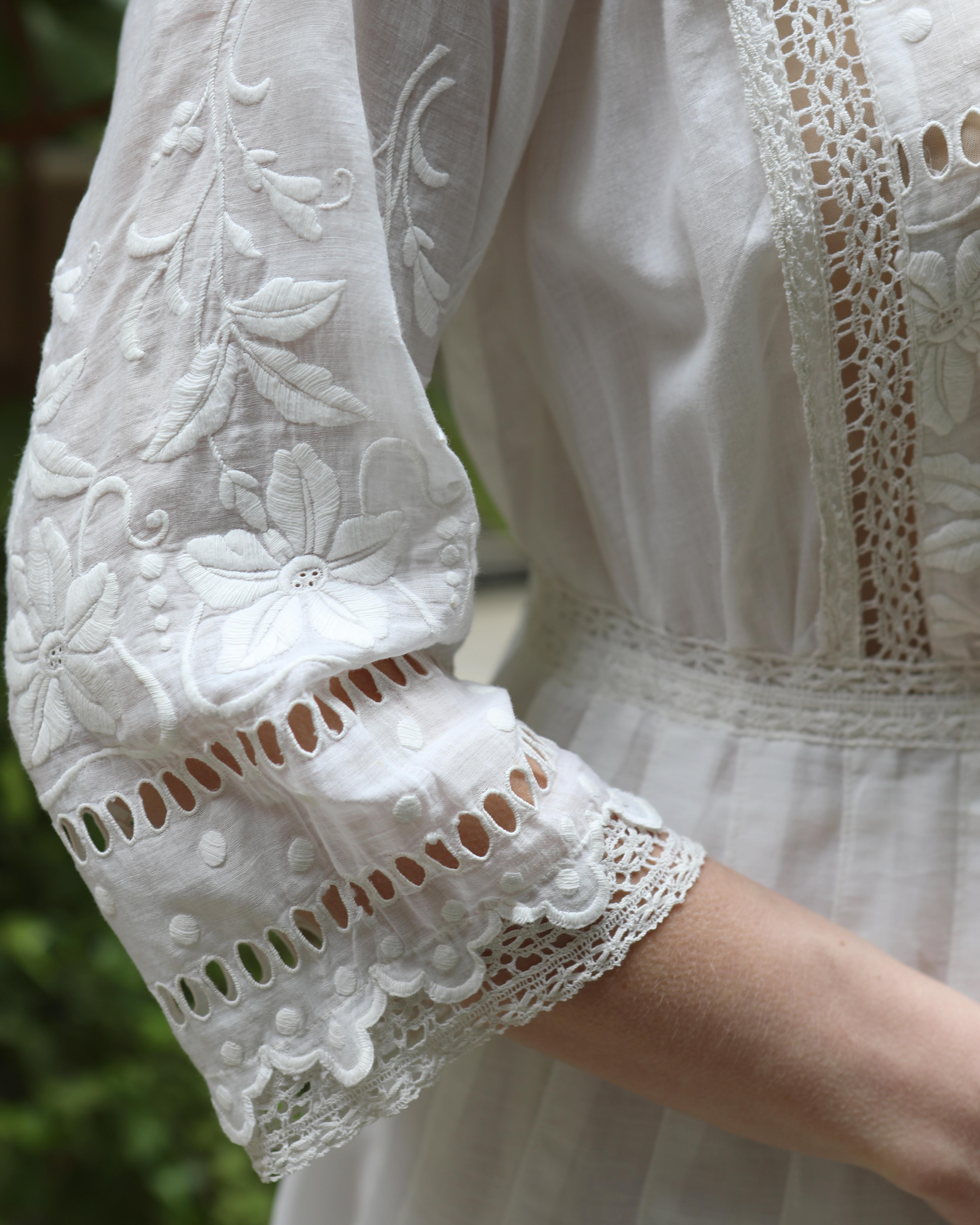 Antique Edwardian Ivory Embroidered Lace Lawn Dress With Underskirt For Sale 4
