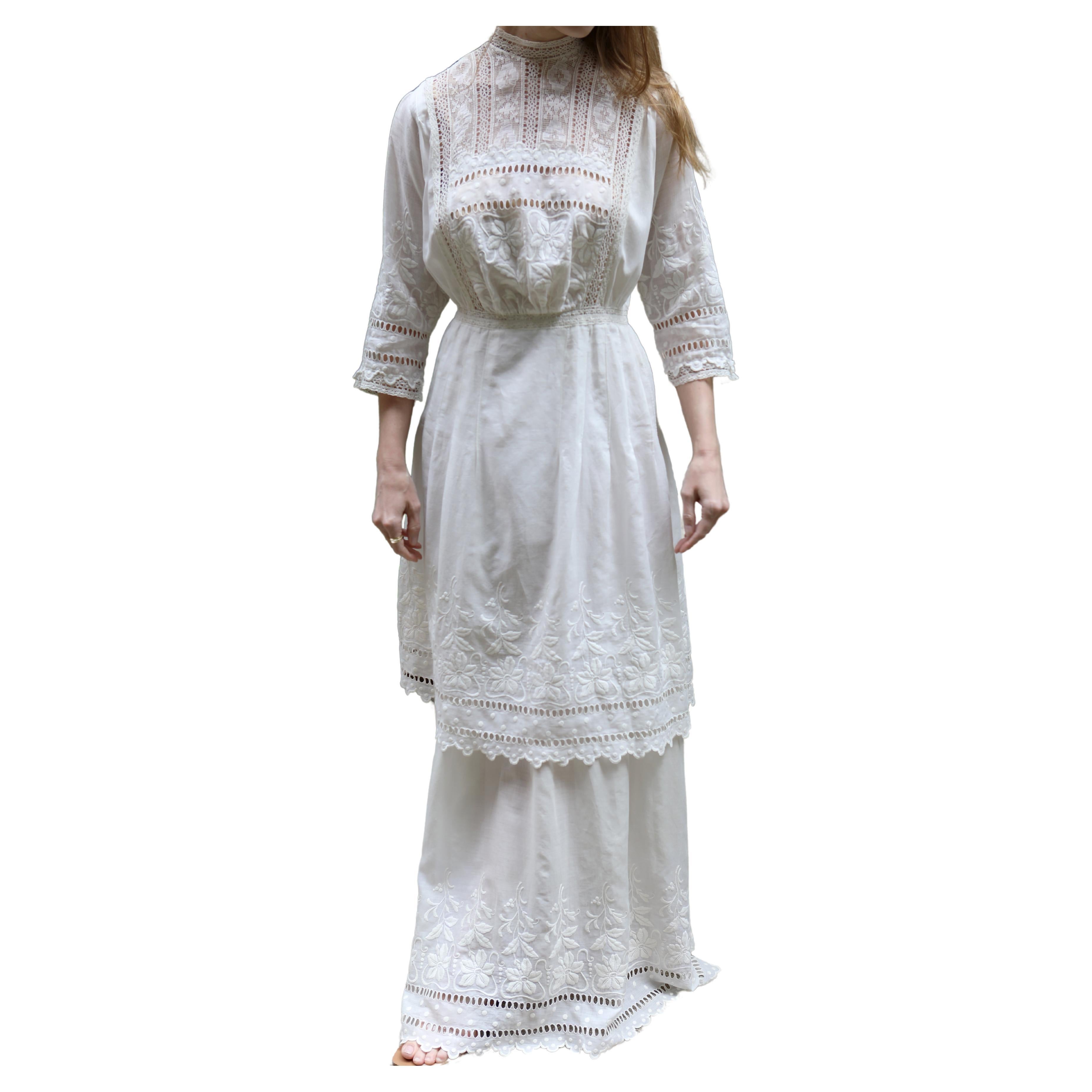 Antique Edwardian Ivory Embroidered Lace Lawn Dress With Underskirt For Sale