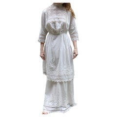 Antique Edwardian Ivory Embroidered Lace Lawn Dress With Underskirt