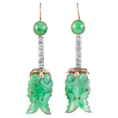 Antique Edwardian Jade Diamond Drop Earrings Platinum in 18ct Gold, circa 1910