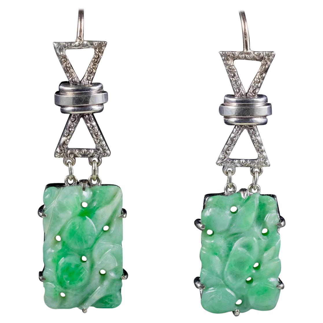 Antique Edwardian Jade Drop Earrings 18 Carat Gold, circa 1910 For Sale