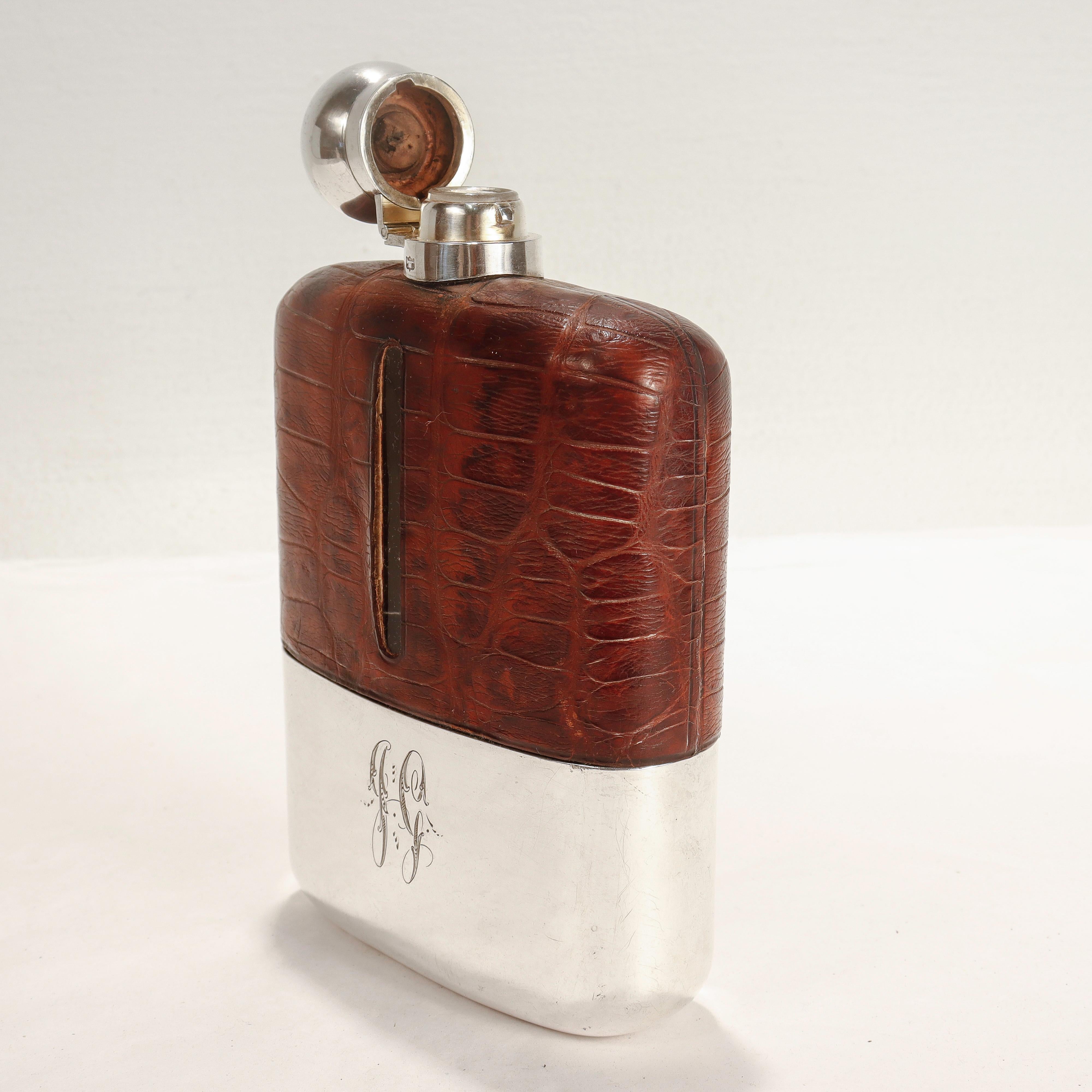 British Antique Edwardian James Dixon & Sons Silver Plate & Leather Whiskey Hip Flask