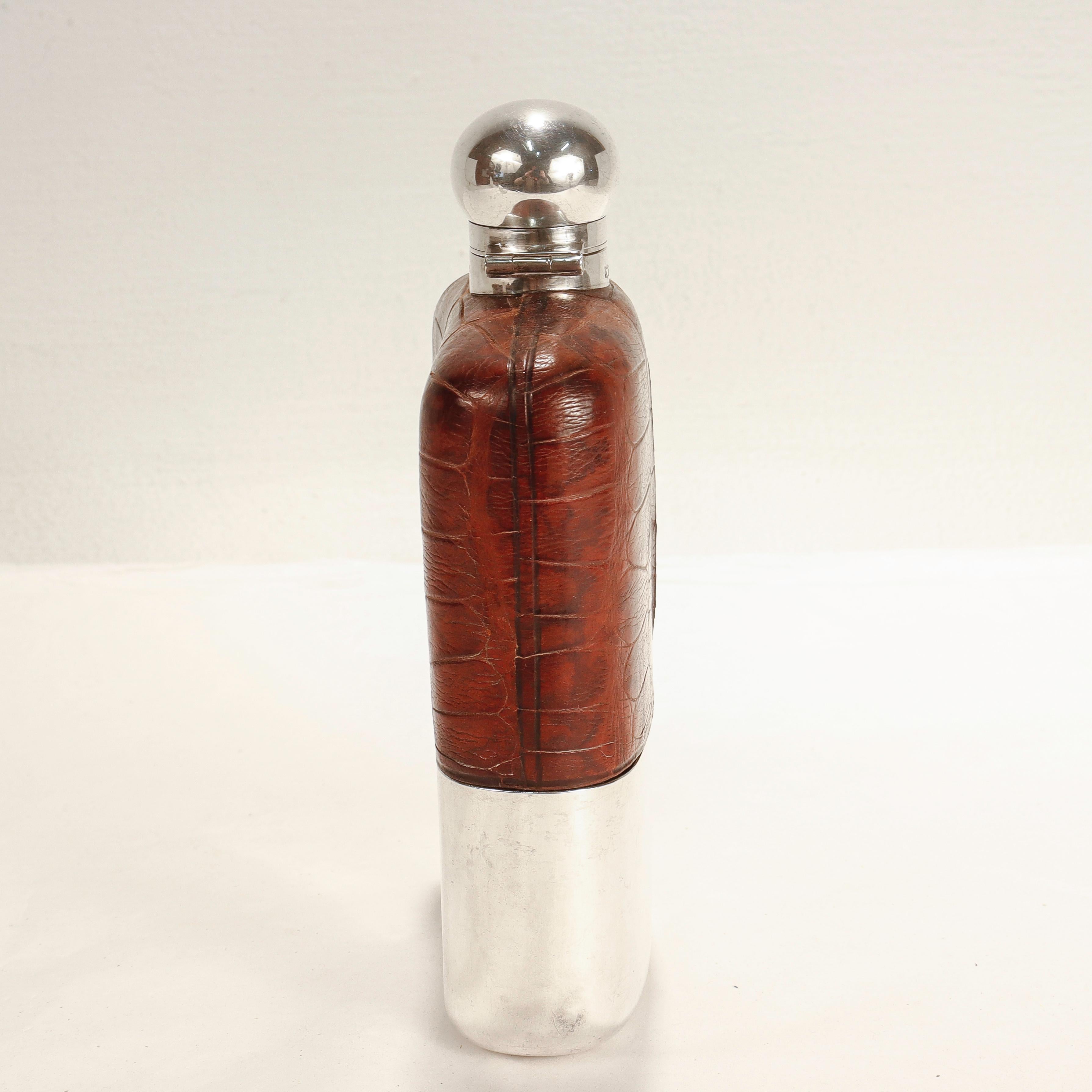 Antique Edwardian James Dixon & Sons Silver Plate & Leather Whiskey Hip Flask In Good Condition For Sale In Philadelphia, PA