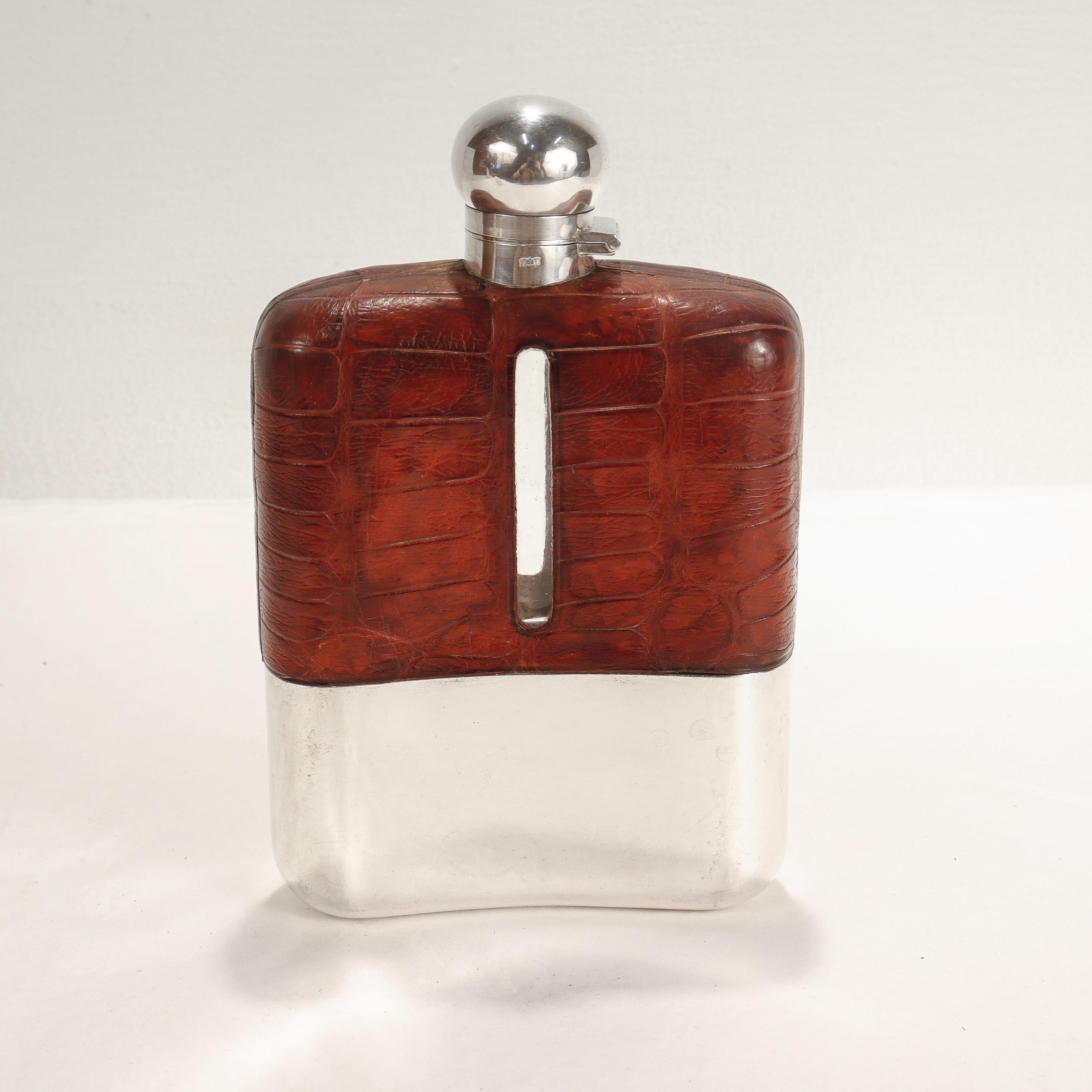 20th Century Antique Edwardian James Dixon & Sons Silver Plate & Leather Whiskey Hip Flask For Sale