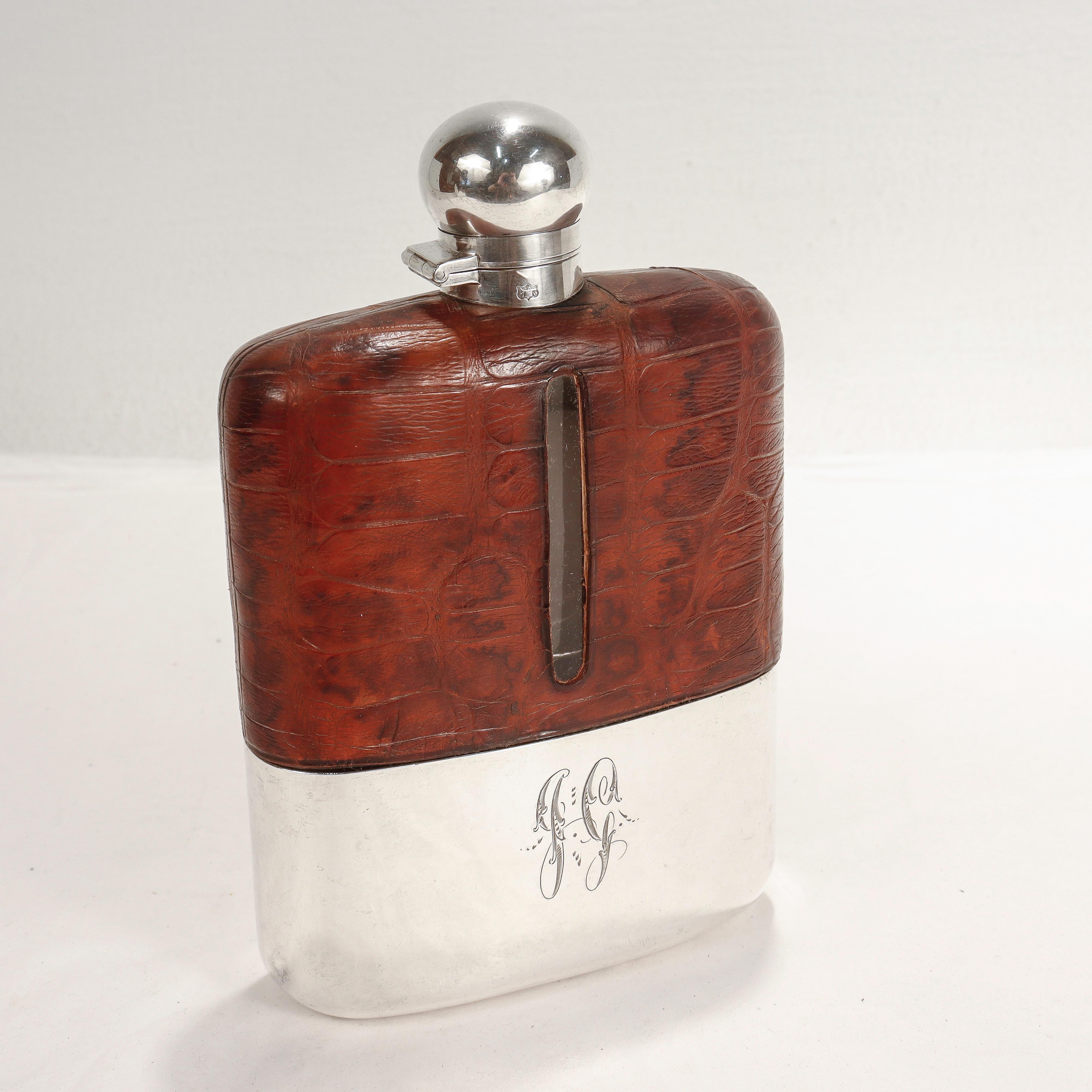 Antique Edwardian James Dixon & Sons Silver Plate & Leather Whiskey Hip Flask For Sale 2