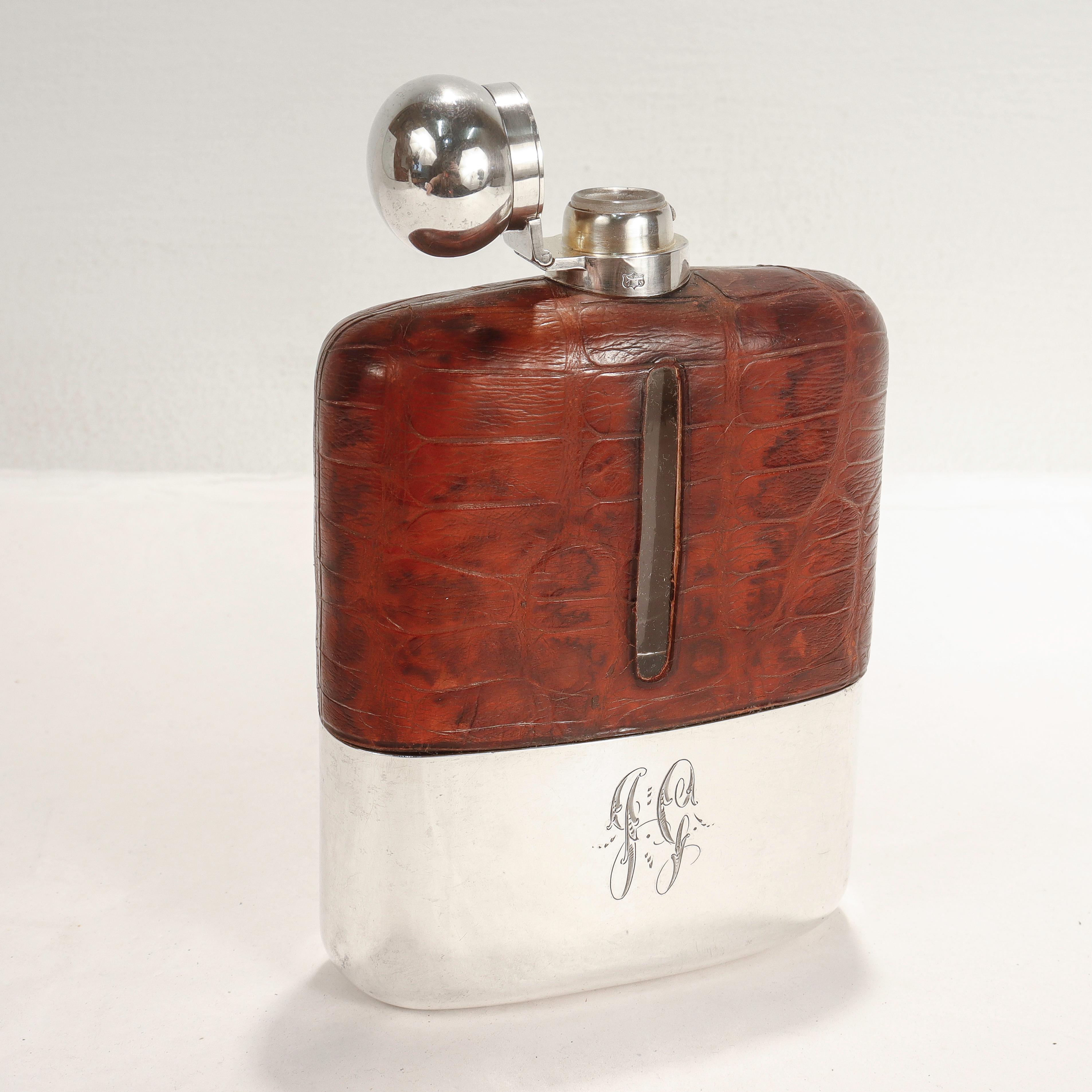 Antique Edwardian James Dixon & Sons Silver Plate & Leather Whiskey Hip Flask For Sale 3