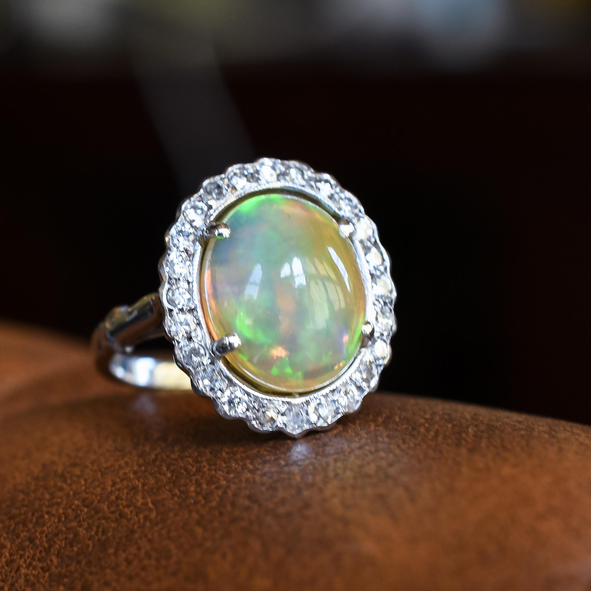 Antique Edwardian Jelly Opal Diamond Cocktail Ring In Good Condition In Sale, Cheshire