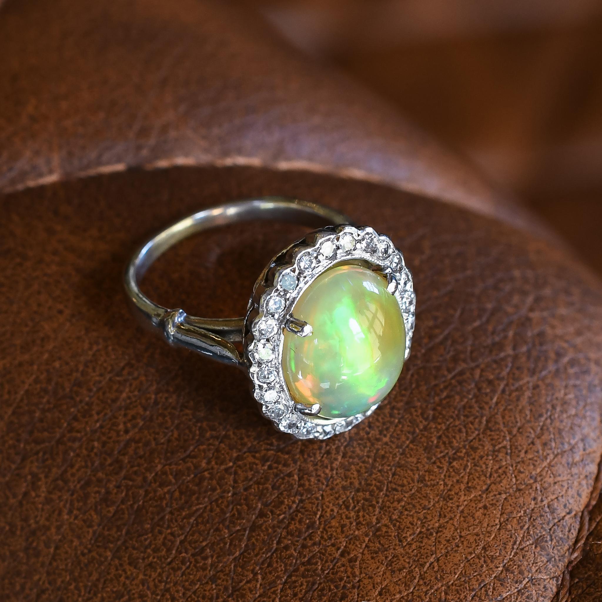 Women's or Men's Antique Edwardian Jelly Opal Diamond Cocktail Ring