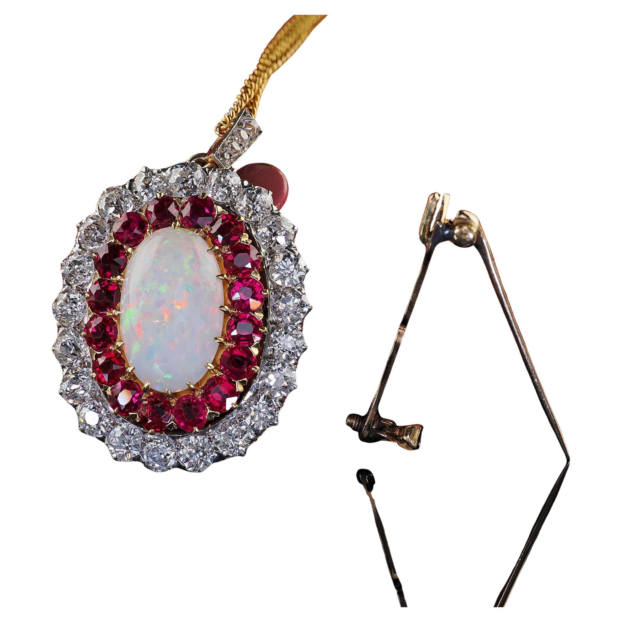 Antique Edwardian Kirkpatrick Co 18K Gold Platinum Opal Diamond Ruby Pin Pendant